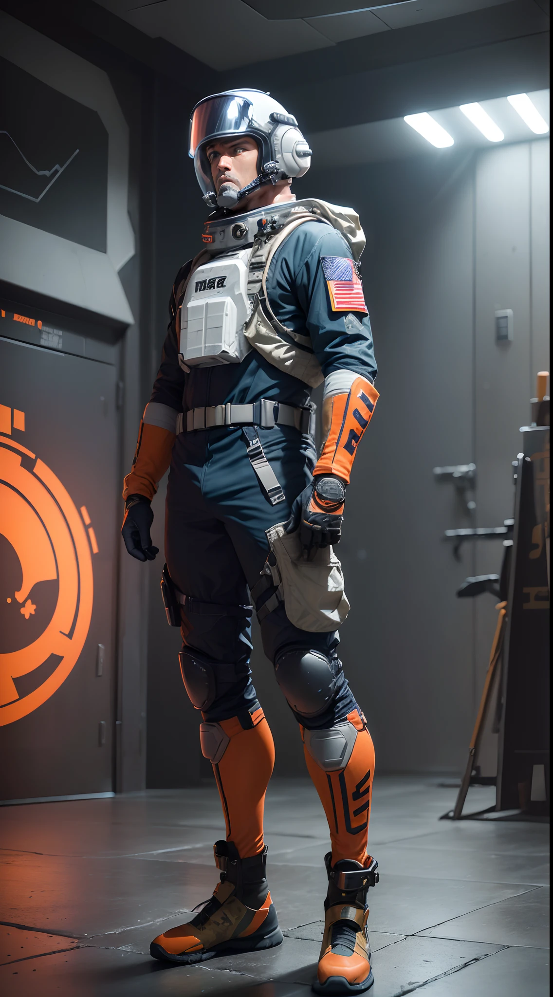 ( PILOT GUERRERO Male 45 years, (((CUERPO DE VARON))). (((CUERPO DE VARON))), man, Full-length man warrior 45 years old, Cara perfecta, Varono spear weapon, escudo redondo en brazo, Casco de metal estilo Ultra Seven, anatomy correct, musculosos. Referencia masculina varonil real, Cinematic Setting, Spatial lighting, fondo blanco, mejor calidad, HDR, Art Station, Wear a high-tech spacesuit, camuflado espacial digital, malla texturizada, textura hdr, , Poses dinánmicas, lasers, Destello espacial, traje de malla de fibra gruesa de fibra de carbono disimula sexo de entre piernas, Attack and combat position, mirada intimidatoria, Dynamic attack and fighting position Boxing and knives, mirada intimidatoria aguda, high concentration, Guerreo peligroso actitud de batalla. Patadas, piernas abiertas, patadas con botas negras, fuerza, destreza, bravery SPACE SOLDIER (((Soldado espacial))), Ropa camuflado espacial digital, (((Soldado espacial))), casco militar del futuro, ((( traje naranja, azul y blanco sin cuello para casco))), ((( camuflado espacial digital sin cuello para casco))) (((cabello rubio rapado))),(((cabello rubio rapado))) ,(((cabello rubio rapado))) (((Ropa militar Espacial camuflada)))peleando, peleando actitud, blond man 45 years or older, EL LIDER, ROPA FUTURISTA INVERNAL, standing, standing, con botas, mostrando las botas. Botas futuristas, botas de keblar y rodilleras y fibra de carbono, corriendo, paso apurado, (standing, con botas, mostrando las botas) (Botas blancas con protecciones )