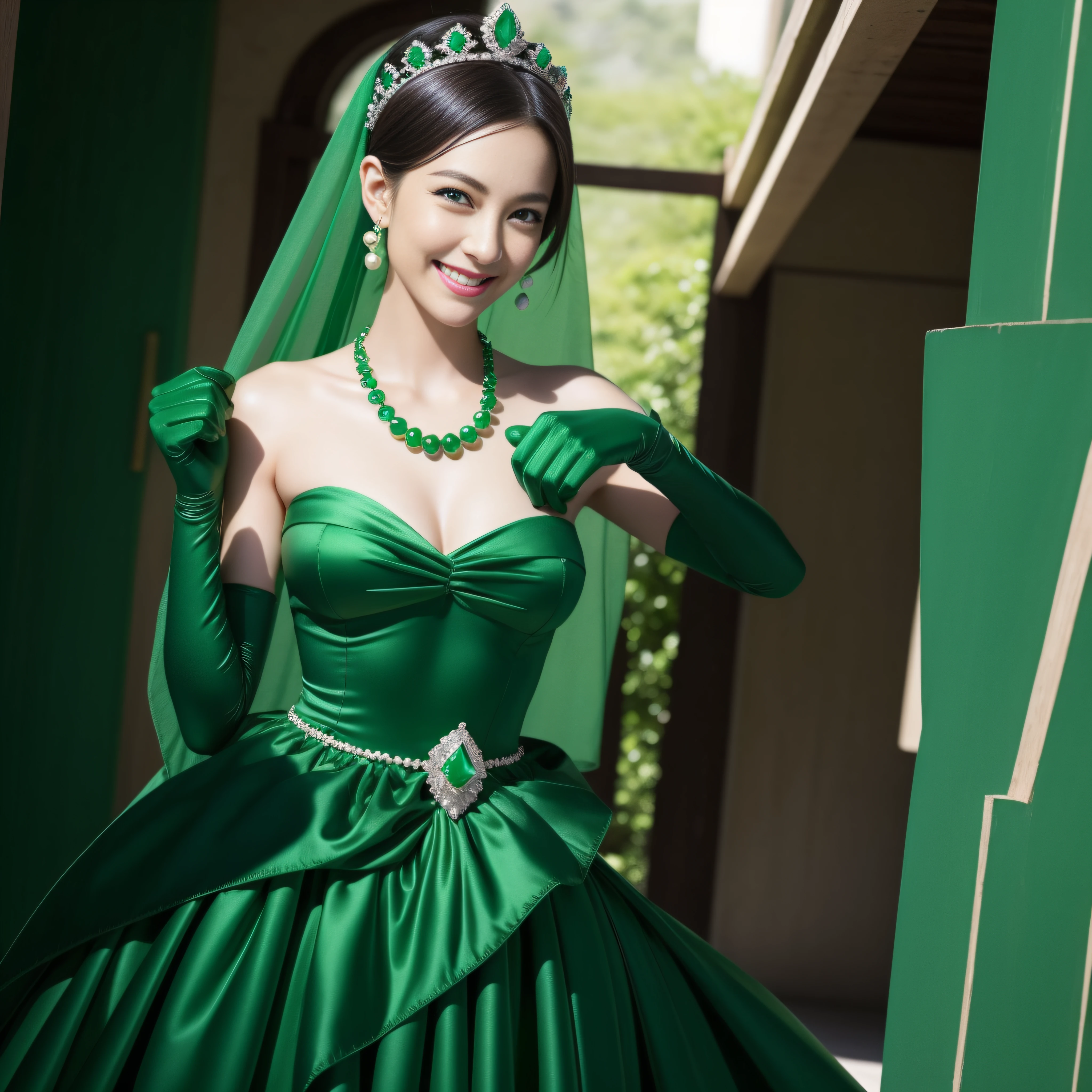 emerald tiara, Green Pearl Necklace, Boyish very short green hair, lipsticks, Japan woman smiling, very short short hair, fist, big breasts beautiful, Green eyes, Long green gloves made of satin material, Green eyes, Emerald Earrings