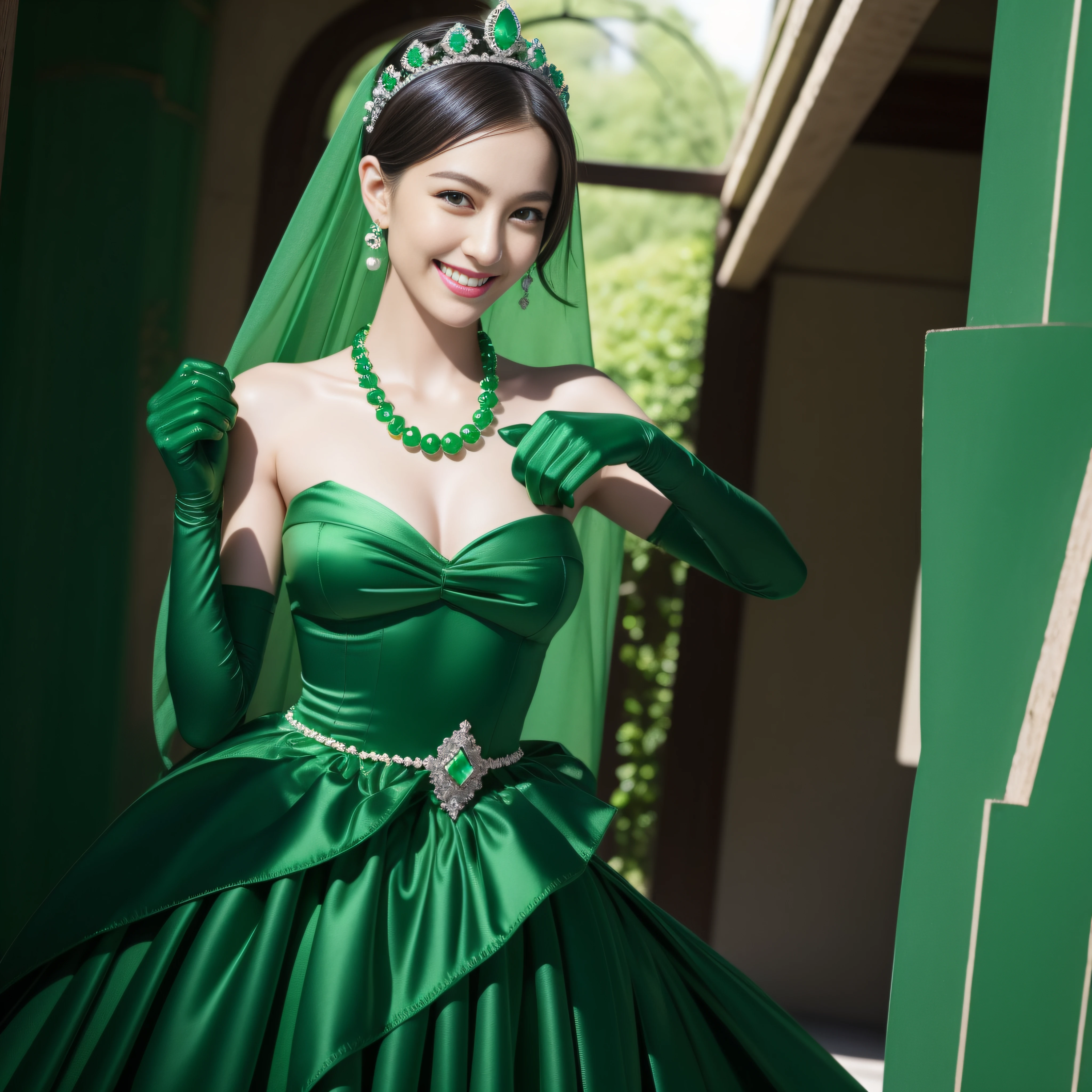 emerald tiara, Green Pearl Necklace, Boyish very short green hair, lipsticks, Japan woman smiling, very short short hair, fist, big breasts beautiful, Green eyes, Long green gloves made of satin material, Green eyes, Emerald Earrings