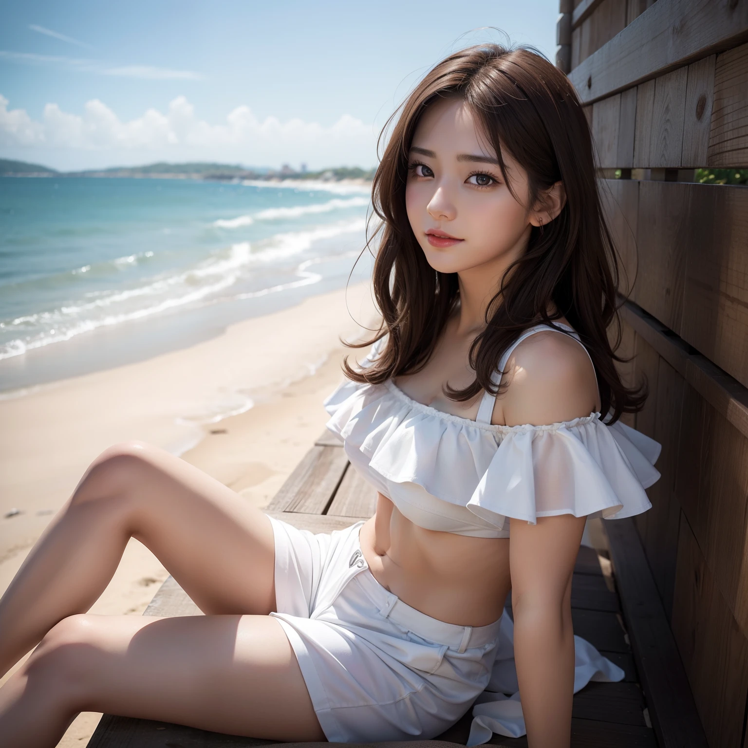 best quality, ultra high resolution, (photorealistic: 1.4), (detailed beautiful girl: 1.4), (medium breasts: 0.8), olhando_no_visualizador, detailed facial details, beautiful and detailed eyes, (brown hair), brown eyes, smile (makeup: 0.4), red lips, (full body, sitting, beach, high waves, ), very detailed clothes, (ulzzang-6500-v1. 1:0.3) \, cats, strong wind,