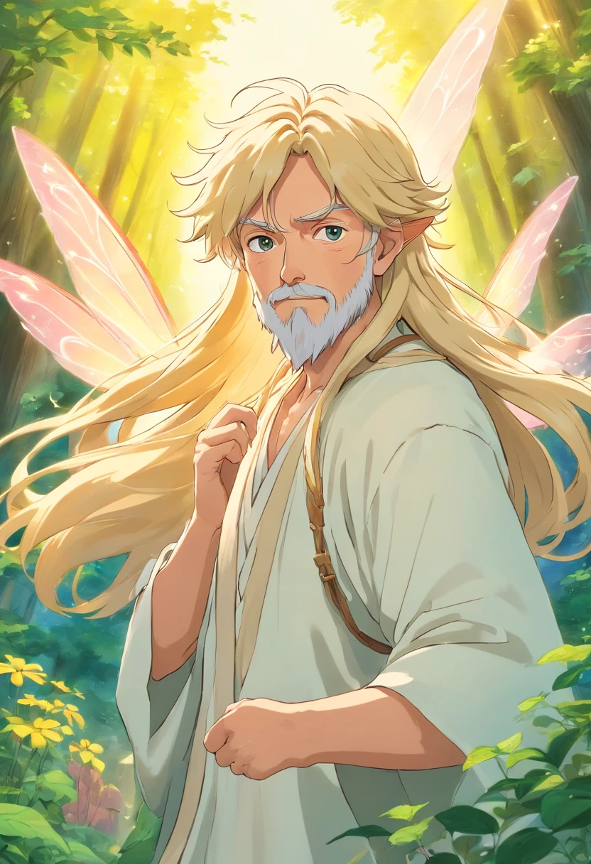 blond male fairy with beard and long hair, old man