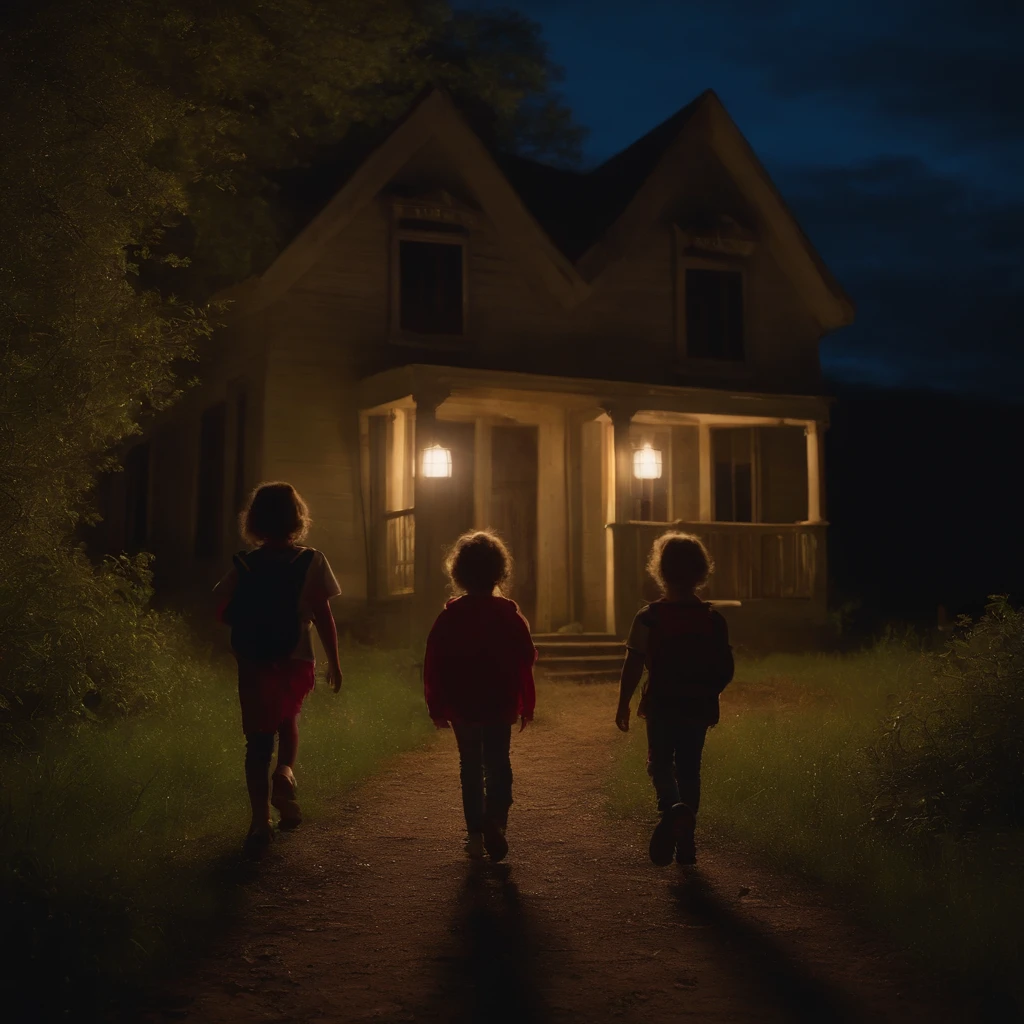 Show three friends, entering an abandoned house, at night, with flashlights in their hands, scene from a children's film, uhd