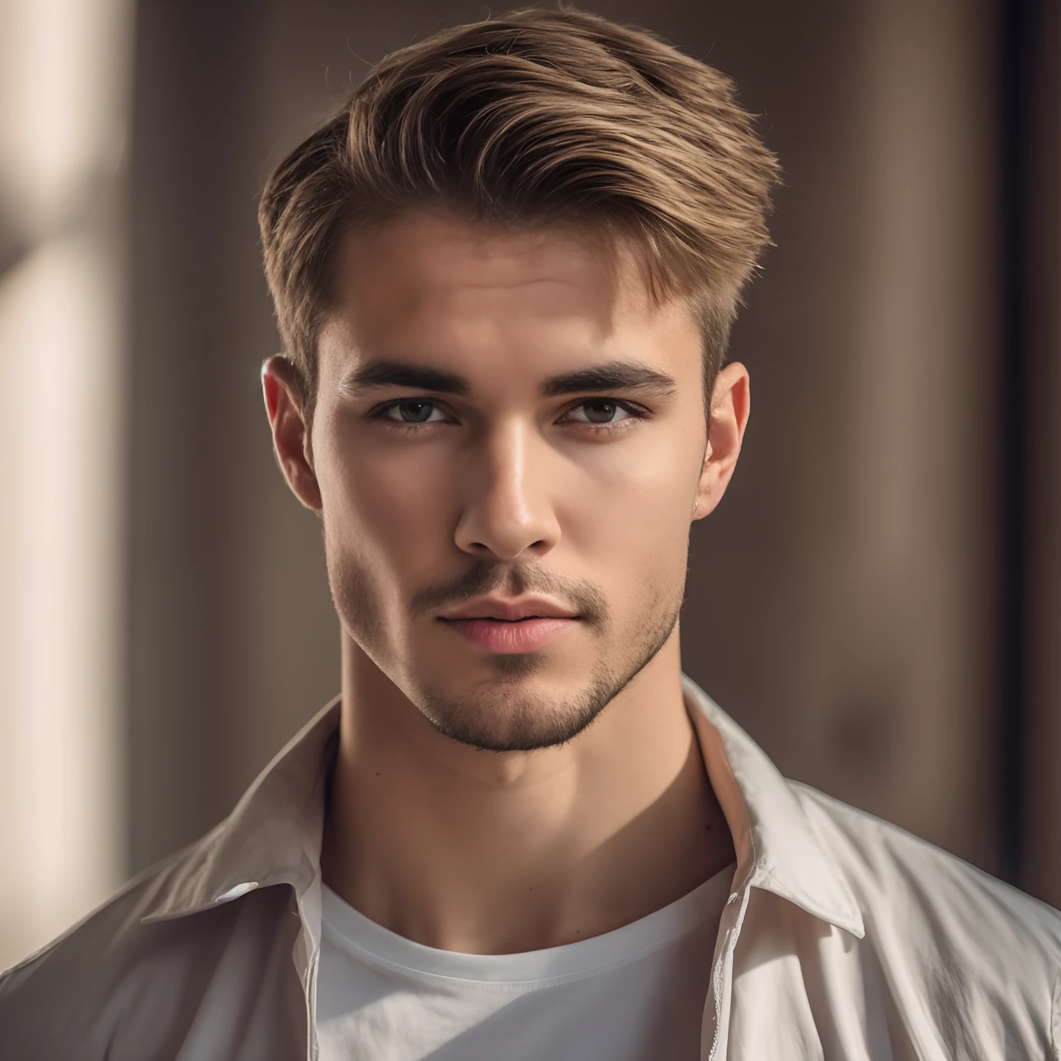 Homem com uma camisa branca e uma camisa branca, Homem magro com pele bronzeada clara, Jovem com rosto bonito, macho atraente, Macho bonito, bonito rosto atraente, Blonde and attractive features, homem loiro e olhos castanhos, homem atraente, jovem bonito, jovem atraente, modelo masculino, rosto masculino bonito, modelo bem cuidado, jovem bonito, Justin Bieber 8k