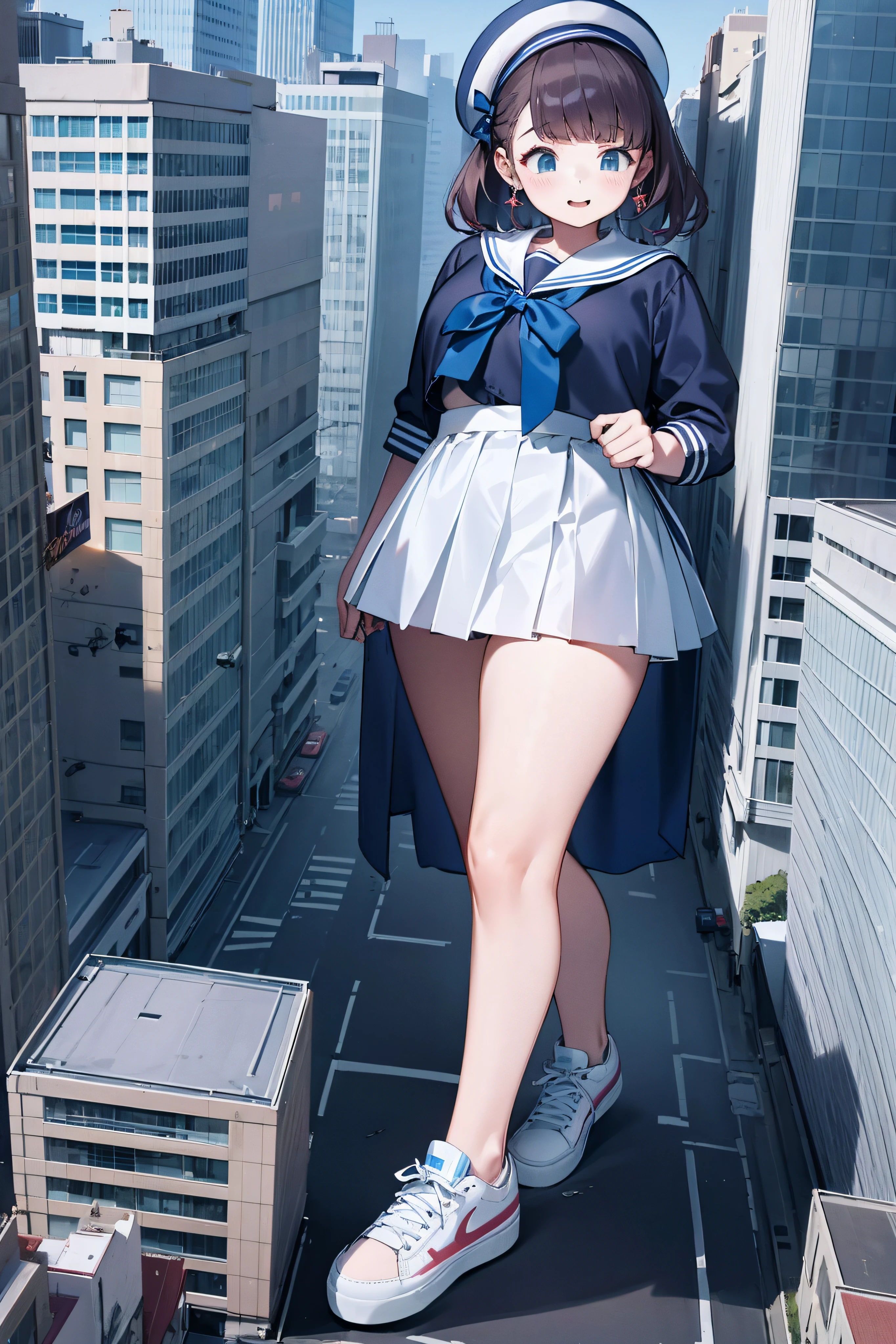 Huge age girl in sneakers,A girl taller than a building,a sailor suit,short skirt
