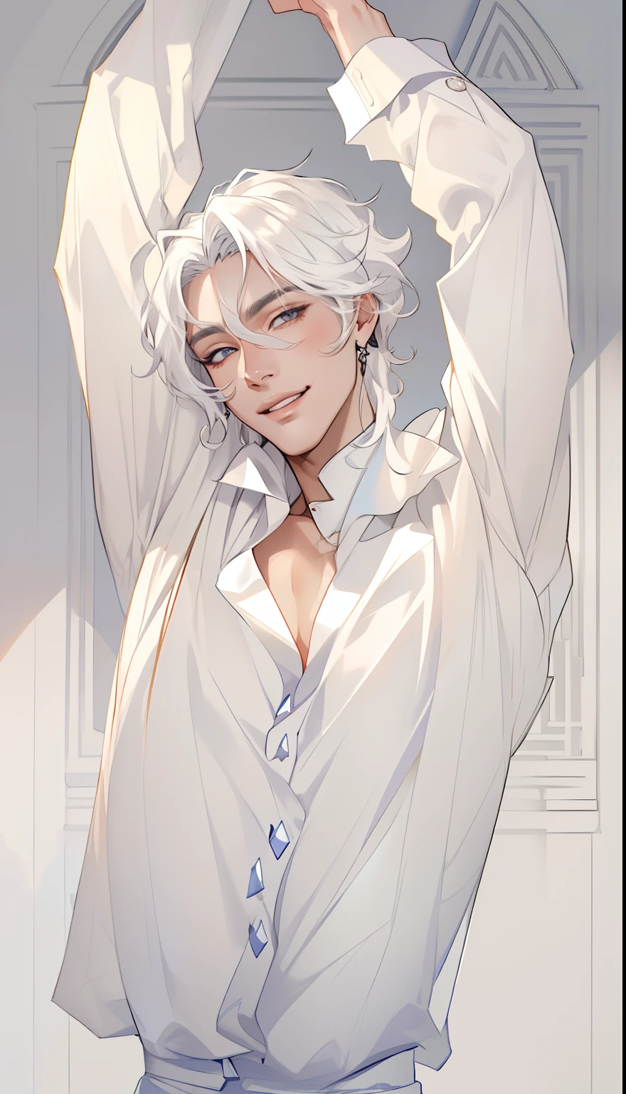 white hair, handsome guy, ((wavy prince-like hair: 1.9)), white skin, beautiful, (masterpiece), well drawn, (detailed), intrincate details, male, seductive smile, enticing, friendly, soft lips, detailed face, defined face, ((korean pop sinder style: 1.9)), ((korean fashion: 1.9))