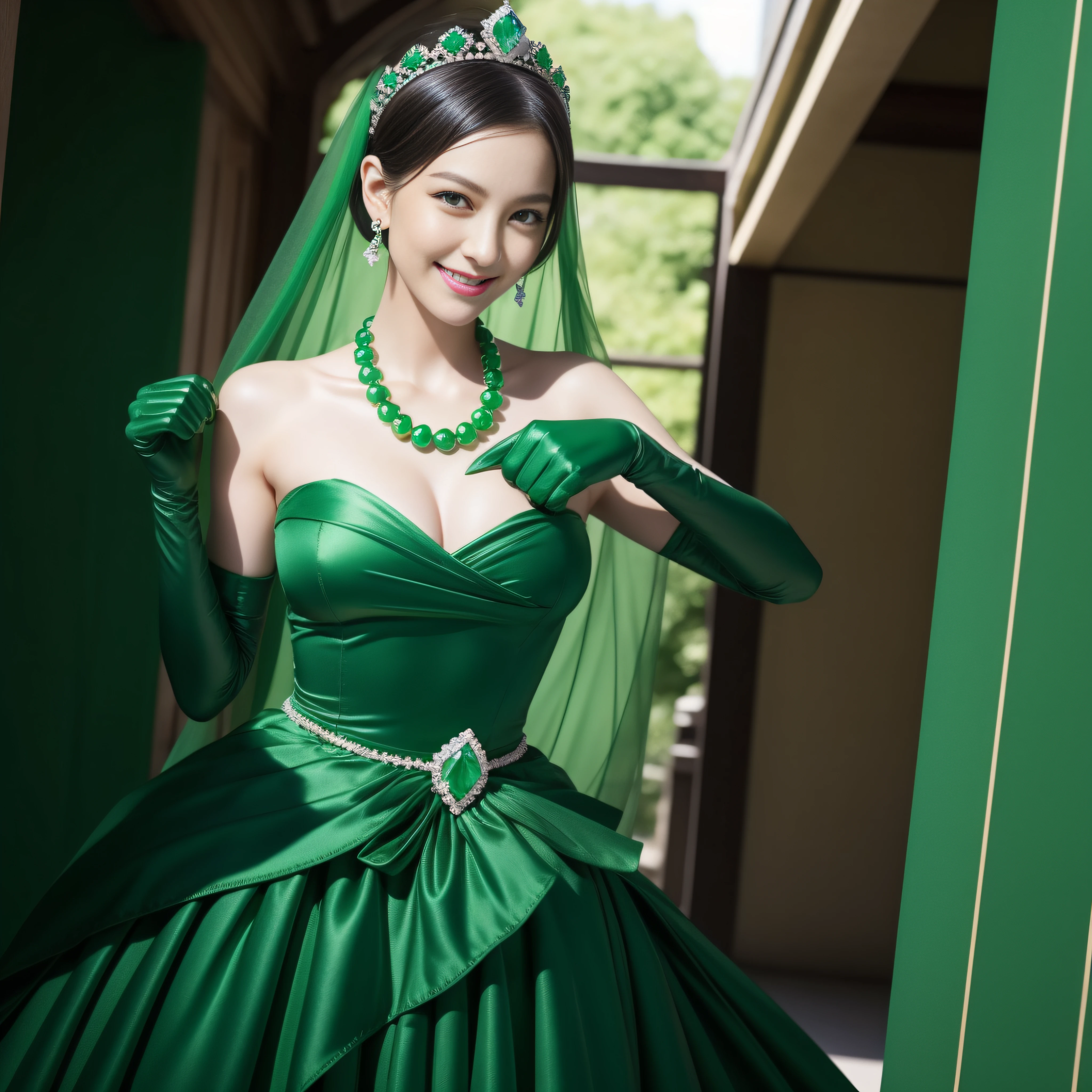emerald tiara, Green Pearl Necklace, Boyish very short green hair, lipsticks, Japan woman smiling, very short short hair, fist, big breasts beautiful, Green eyes, Long green gloves made of satin material, Green eyes, Emerald Earrings