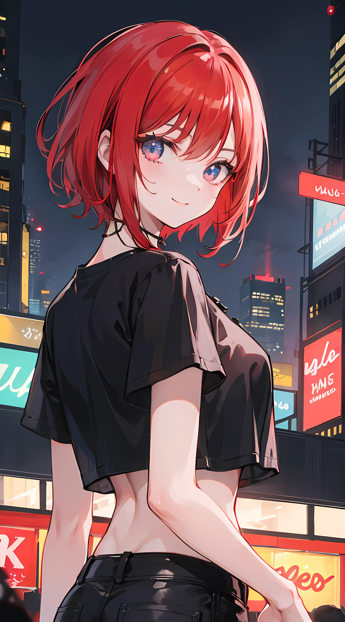 (masterpiece), best quality, expressive eyes, perfect face, perfect hands, perfect fingers, 1girl, short red hair, black crop top, city landscape 90s, buildings with neon signs and bright lights, night time, looking at viewer, hands on the side, smiling