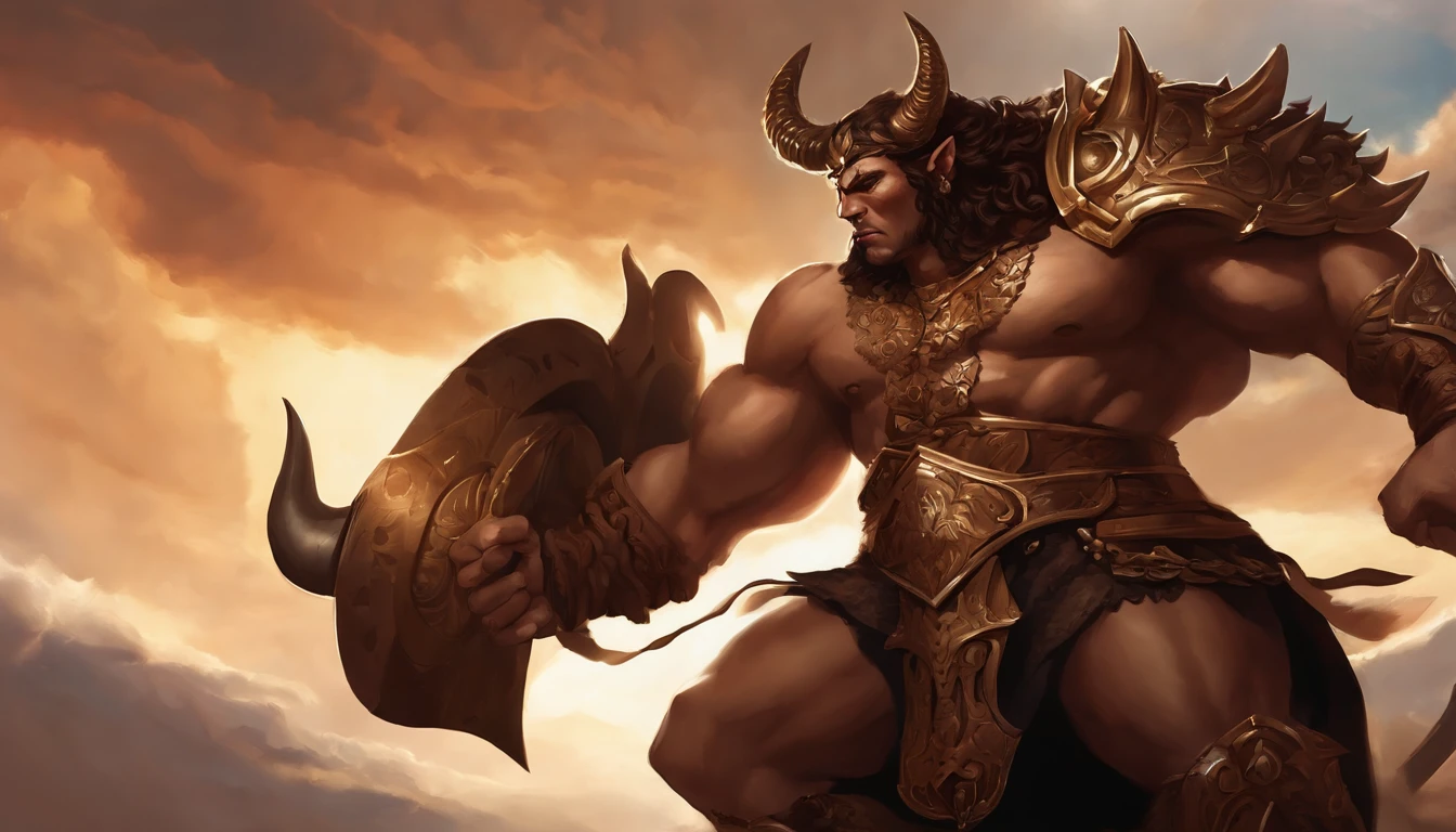 Minotaur in anime style: Majestic Minotaur, The majestic bull's head is decorated with spiral horns and deep ones, Expressive eyes. sport, No impressive armor and intricate details. The skin of bulls is dark brown，It is covered with thin ones, Short coat. He is standing up, preparing to fight, Holding a large sword in one hand，A determined expression appeared on his face. The background is an epic backdrop，Dramatic clouds and sunlight across the sky. A cuirass