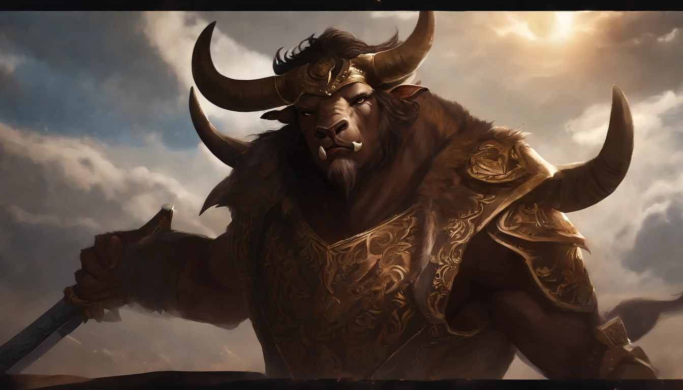 Minotaur in anime style: Majestic Minotaur, The majestic bull's head is decorated with spiral horns and deep ones, Expressive eyes. sport, No impressive armor and intricate details. The skin of bulls is dark brown,It is covered with thin ones, Short coat. He is standing up, preparing to fight, Holding a large sword in one hand,A determined expression appeared on his face. The background is an epic backdrop,Dramatic clouds and sunlight across the sky. A cuirass