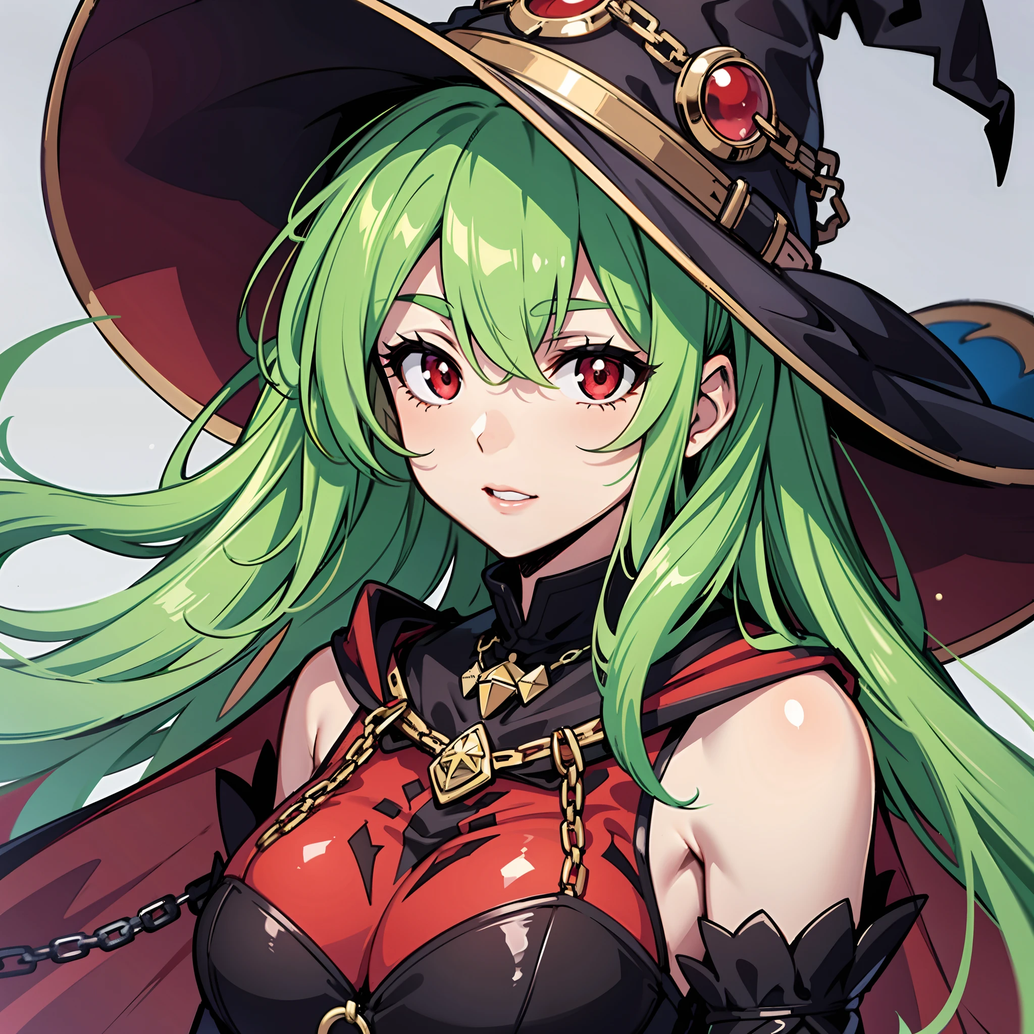 upper body, 1woman, green hair, Long Haired, red eyes, ((witch)), black cape, big breats, wallpaper, chain background, leaf particles, ((masterpiece)), ((best quality)), ((Top Quality)), pale white skin, solo,