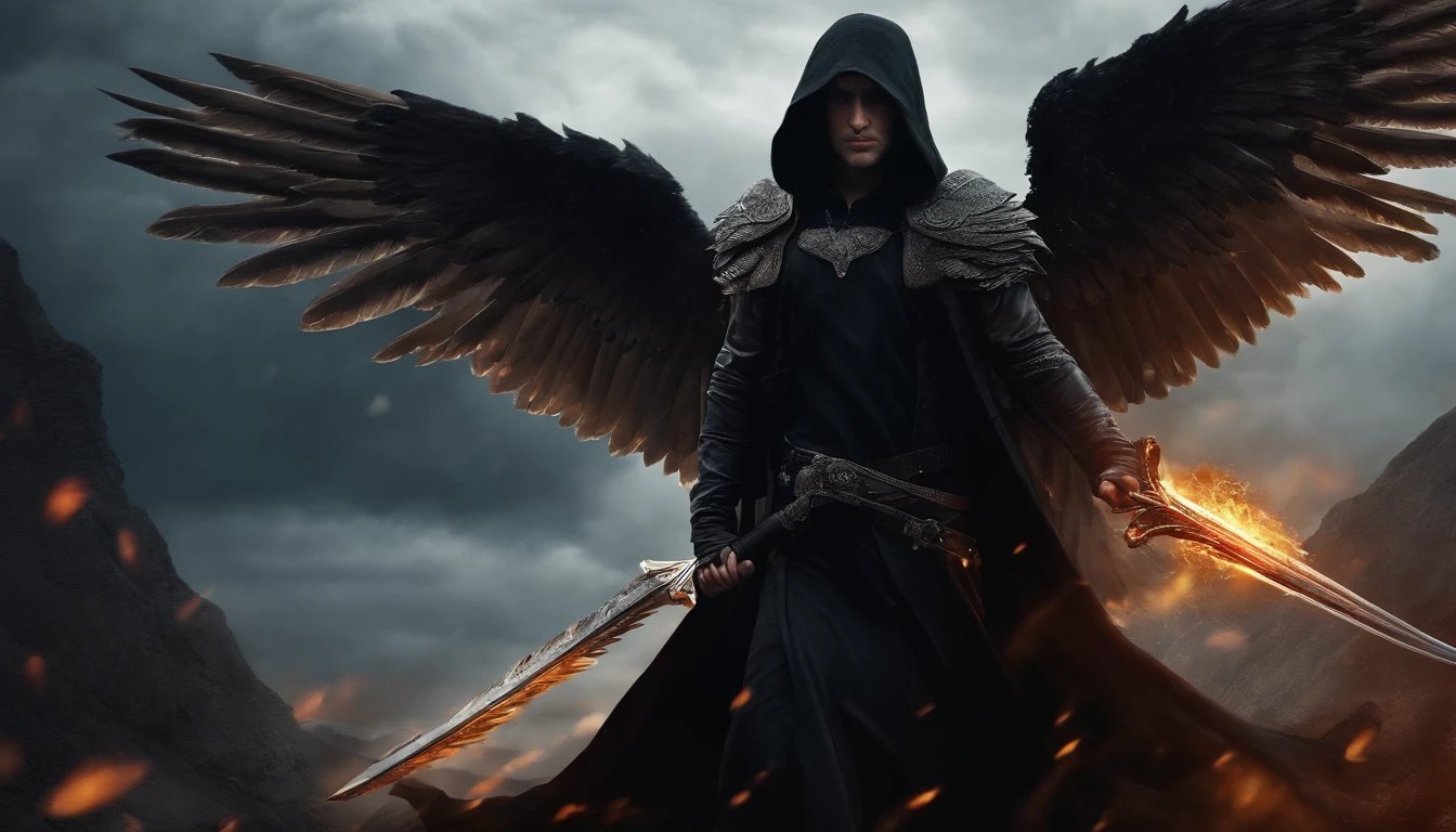 Realistic, 4K, Angels with big wings, Black clothes, one sword, Head hood in war background image (chaos)