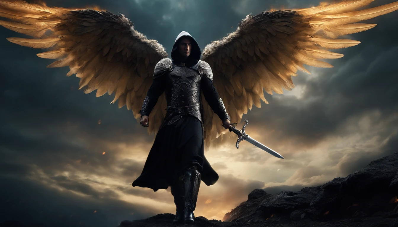 Realistic, 4K, Angels with big wings, Black clothes, one sword, Head hood in war background image (chaos)
