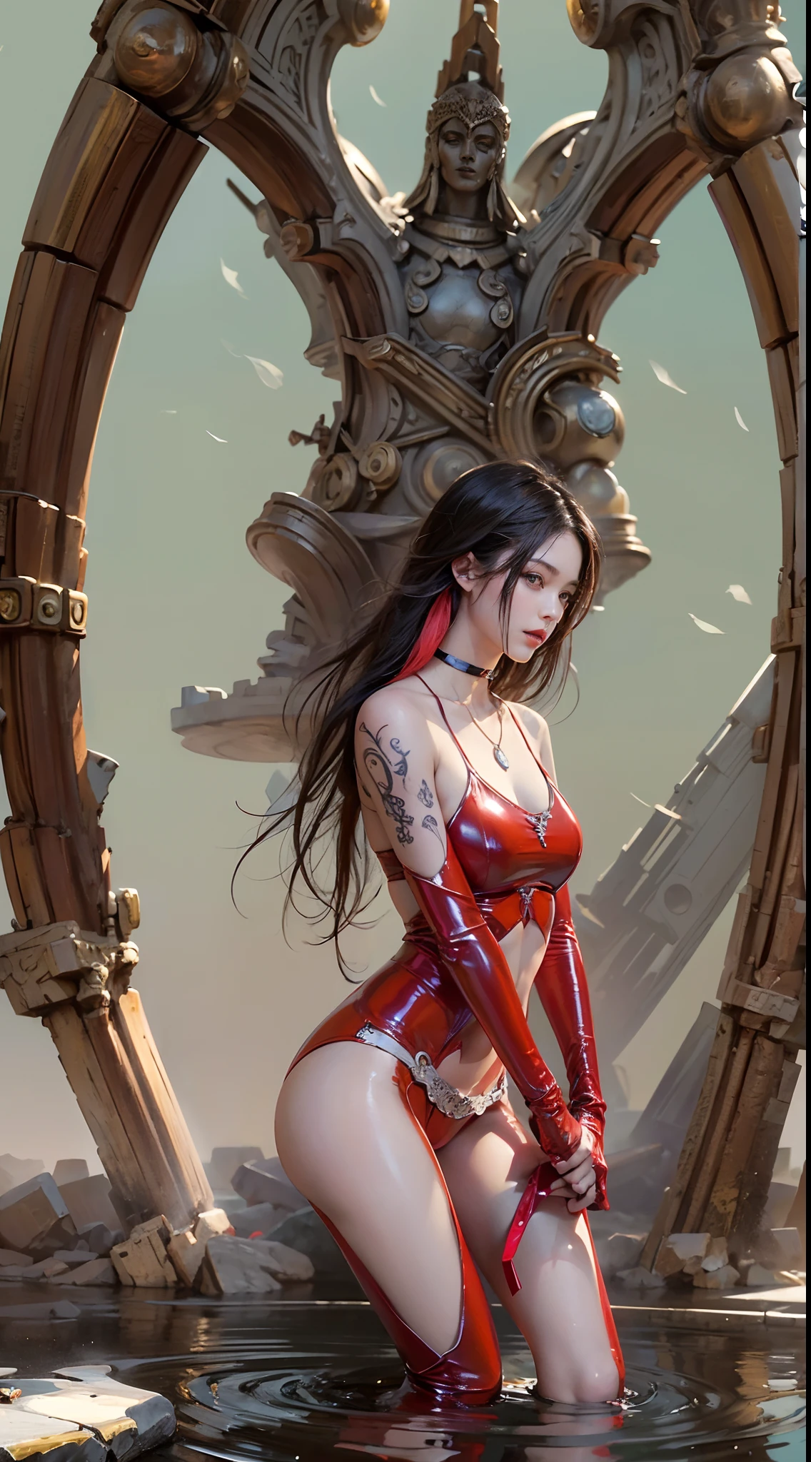 ((masterpiece:1.4)、(top-quality:1.4)、(reallistic:1.7))、Ultra-realistic portrait of the beautiful Martian queen by Luis Royo、Super beautiful girl queen、((1girl in:1.4))、Shiny natural skin texture、(Super Ultra Ultra Bikini)、(Very revealing sexy outfits)、(Glossy luxury latex:1.4)、(Luxury Red Latex Bodysuit:1.4)、By Luis Royo、age19、(Cute tattoos:1.4)、(Two arms:1.4、Two legs:1.4)、(perfect anatomia:1.4)、(Perfect female body:1.4)、Portrait photo of a girl、(standingn:1.4)、(Full body photo:1.4)、Fantasyart、Soft front light、beautiful countenance、kawaii faces、Beautiful udder、large full breasts:1.2、Beautiful ass、A detailed eye、Draw the eyes clearly, Beautiful and attractive eyes、beautidful eyes、Narrow waist、beauty legs、Raw photo、red-lips、Red high heels、Long hair is set like a queen in a cool way、(tiarra:1.4、a choker:1.4、a necklace:1.4、耳Nipple Ring:1.4)、1 screen display、Beautiful girl standing on the ruins of the ancient Martian kingdom