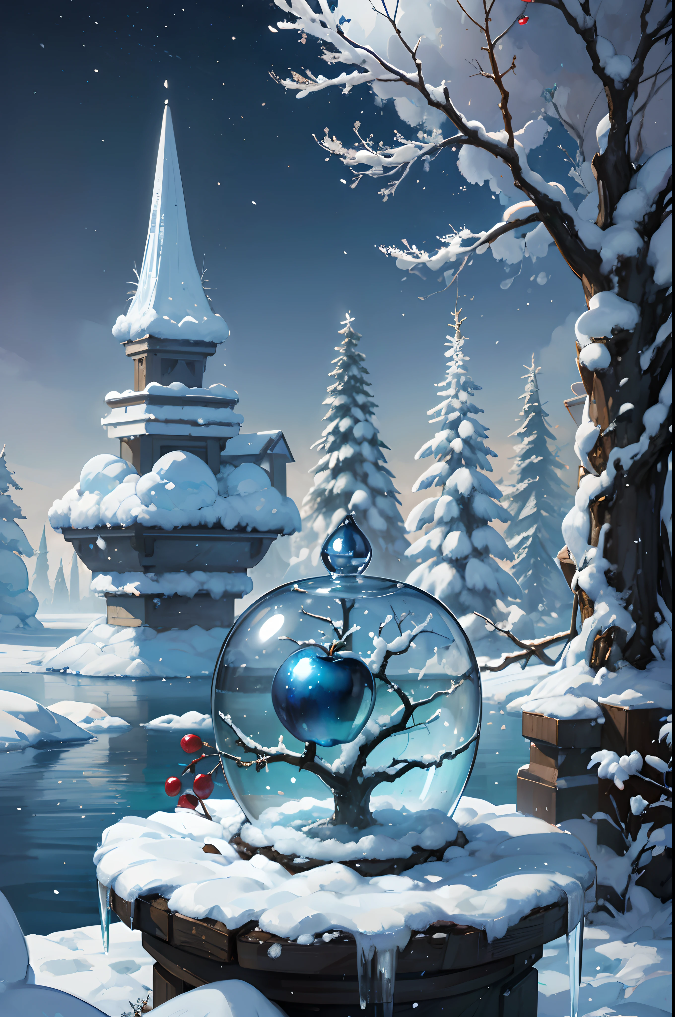 (Best quality, A high resolution, Masterpiece:1.2), Vibrant Arctic apples, Icy winter fruit, Crystal clear apples, Icy texture, Glittering icicles, Frozen branches, Winter wonderland, magical lighting, Snowy background, A masterpiece of surrealism, Whimsical landscape, Ice blue apple