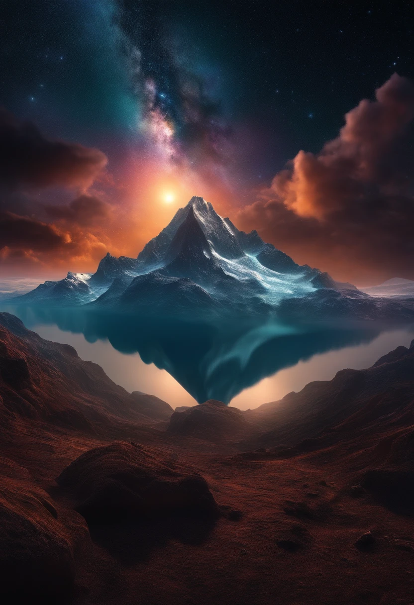 Somewhere in space. A mountain surrounded by the ocean. a water planet of mysteries floating above the mountain. dark and colorful. everything is cosmic. 3D.