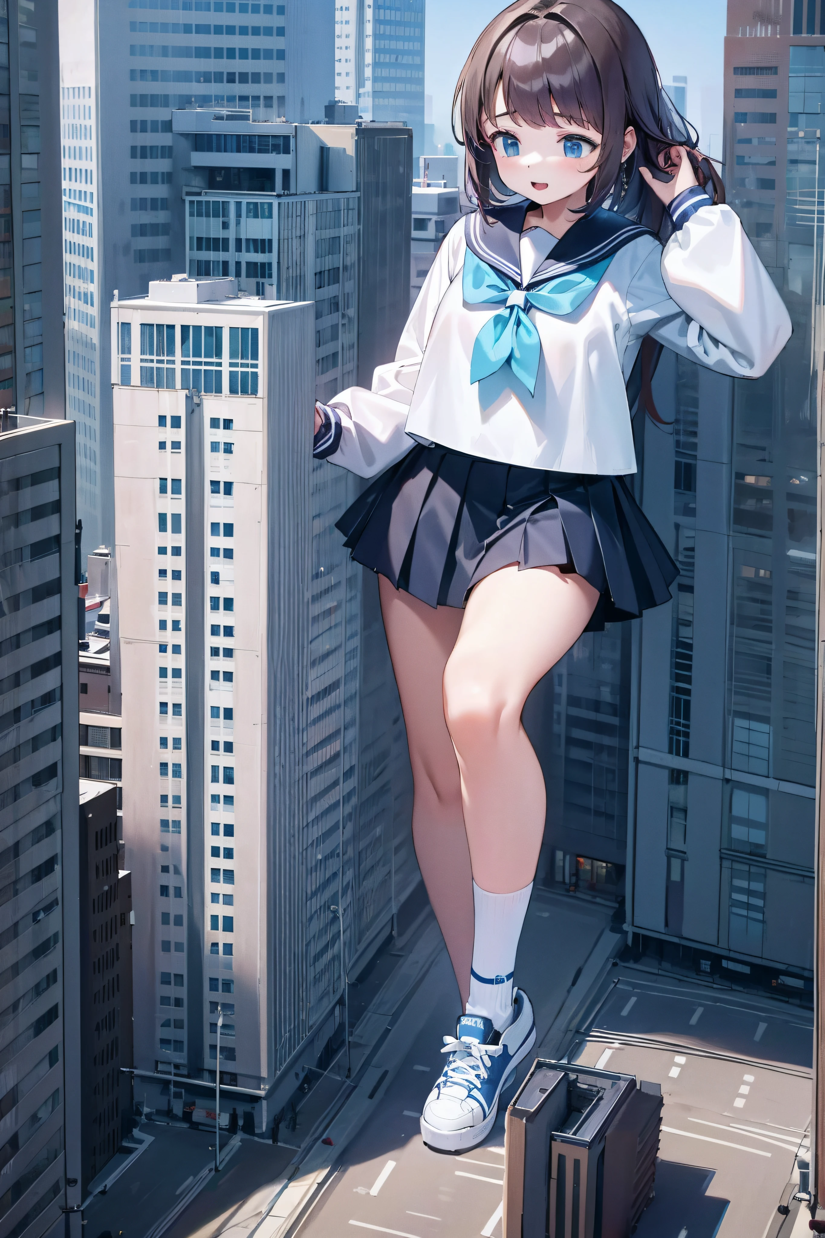 Huge teenage girl in sneakers，A girl taller than a building，a sailor suit，short  skirt