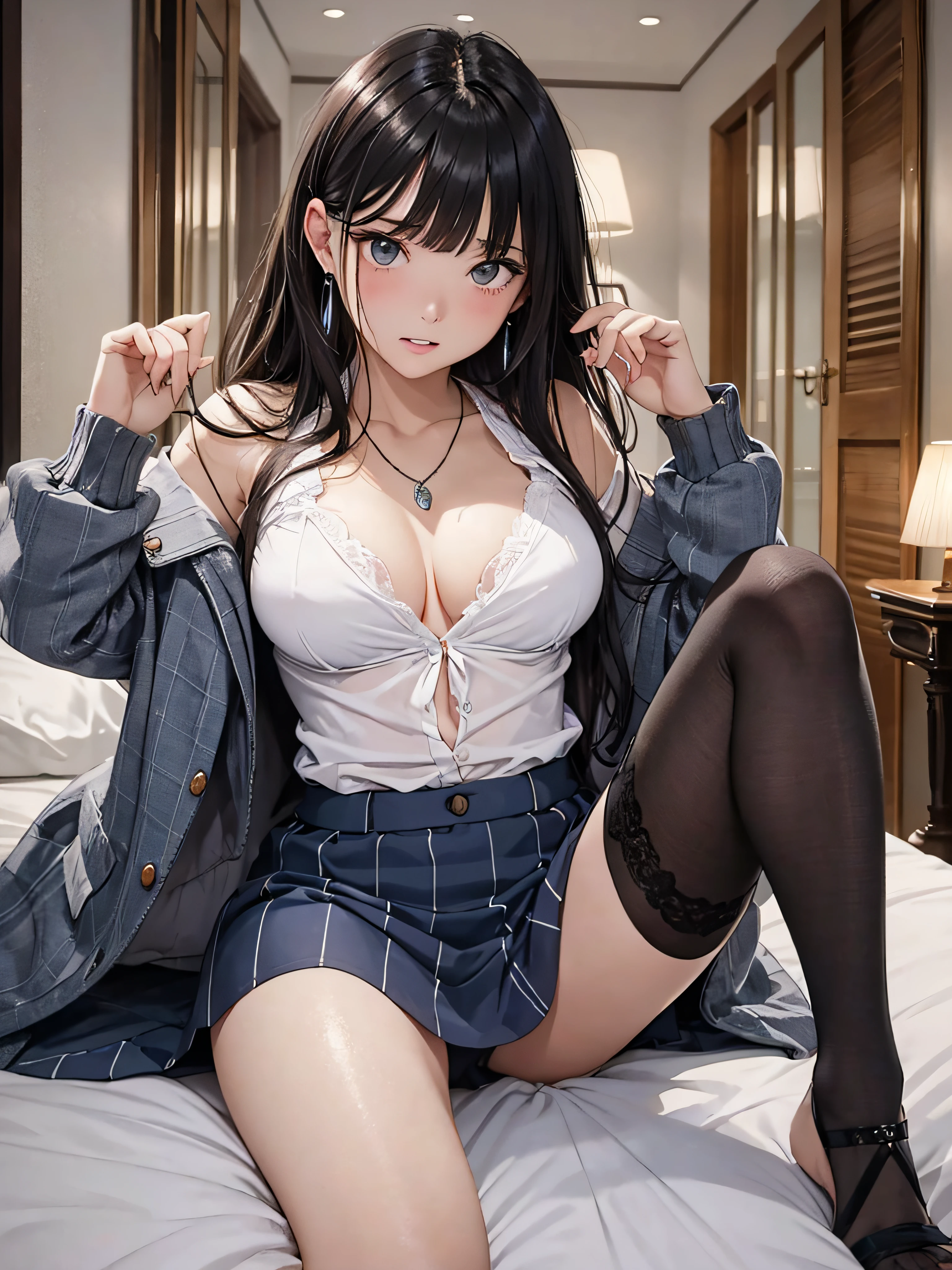 photorealisim、top-quality、超A high resolution、a picture、Exquisitely beautiful photos of Scandinavian-born women、Extraordinary beauty、Highlights of cheek luster、perfectbody、Biologically accurate、Detailed cute and beautiful face、(pureerosface_v1:0.008)、Beautiful bangs、Glowing white shiny skin、Bangs between the eyes、shiny and beautiful hair、Silky hair、finer hair、High-definition eyes、Beautiful, Bright and clear, Big eyes shine charmingly、eye liner、Double eyelids、Full body like、dismay、red blush、embarrassed from、glares、 shiny little necklace and earrings, shiny lips: 1.4, humiliated、impatience、dismay、(Frightened:1.8)、glares、Soft breasts、cleavage of the breast、hiding chest with hands、hide crotch with hands、lift up one's skirt、red blush、embarrassed from、I see underwear、Open knees、open one's legs、Masturbation behavior、Disheveled clothes、Dressing、White blouses、Stockings、Wearing sweat、Neat and clean woman,22 years old, 1 persons、(Dark blue suit: 1.8),(tight skirts:1.8)、Masturbation behavior、sexual excitement、white mucus all over the body,、Wavy Hair, bangs flowing diagonally, Medium Hair, Blue-gray eyes、 In the hotel in the middle of the night, Sit on the bed、