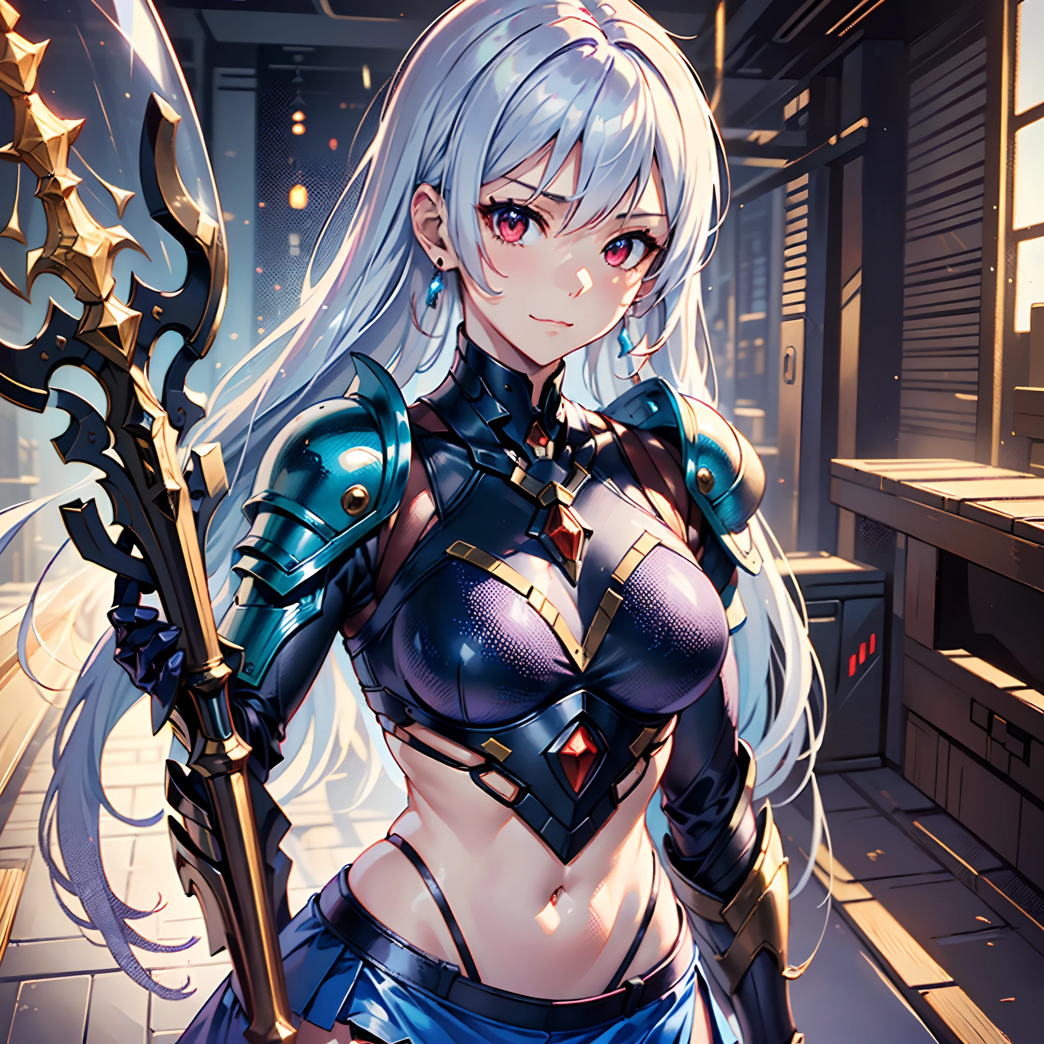 ((masutepiece, Best Quality:1.37)), ((The Strongest Spearmaster of All Time)) , ((The strongest spear wielder)),((pierce with a large spear)),((Floating shield)), ((Purple 2-wire long sleeve)),hight resolution, Ultra-detailed, ultra-sharp,BREAK, 1girl in, Jewelry, earrings,((silverlong hair)),((shairband、poneyTail)), Piercing, ((Detailed futuristic magic armor:1.3)), (Intensely seductive intimidating eyes), (Red futuristic magic armor, nice appearance, detailed clothes), ((Blue mini skirt)), ((small tits)), with red eyes, lightsmile, Closed mouth, Standing, detailed human hands, HDTV:1.2, ((detailed battleground background:1.3)), 8 life-size, slender, Perfect Anatomy, perfectly proportions,