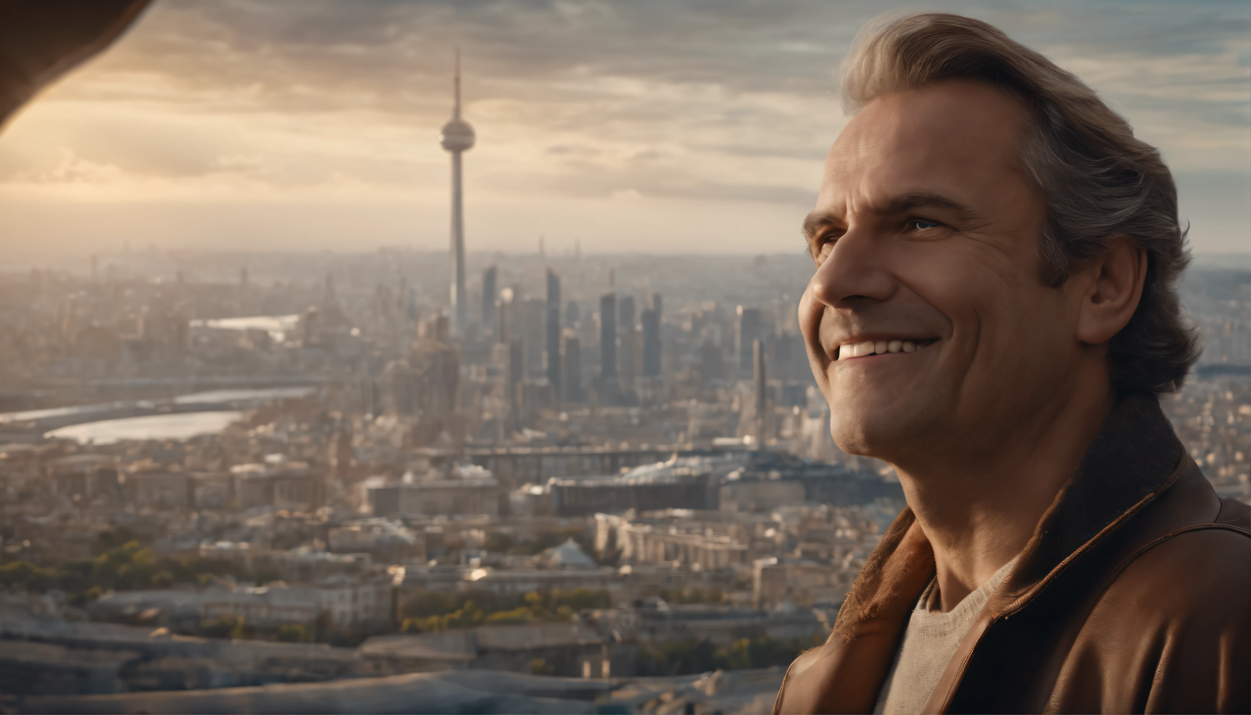Middle-aged guy, Smile restrained, Teeth are not visible, is looking at the camera, Detailed portrait, An open look, joying, jour, Warm tones, Against the background of the city of the future in the distance, Rare, Beautiful, Lungs, air clouds, Sci-Fi, (8K, extra high resolution, Best Quality:1.2)