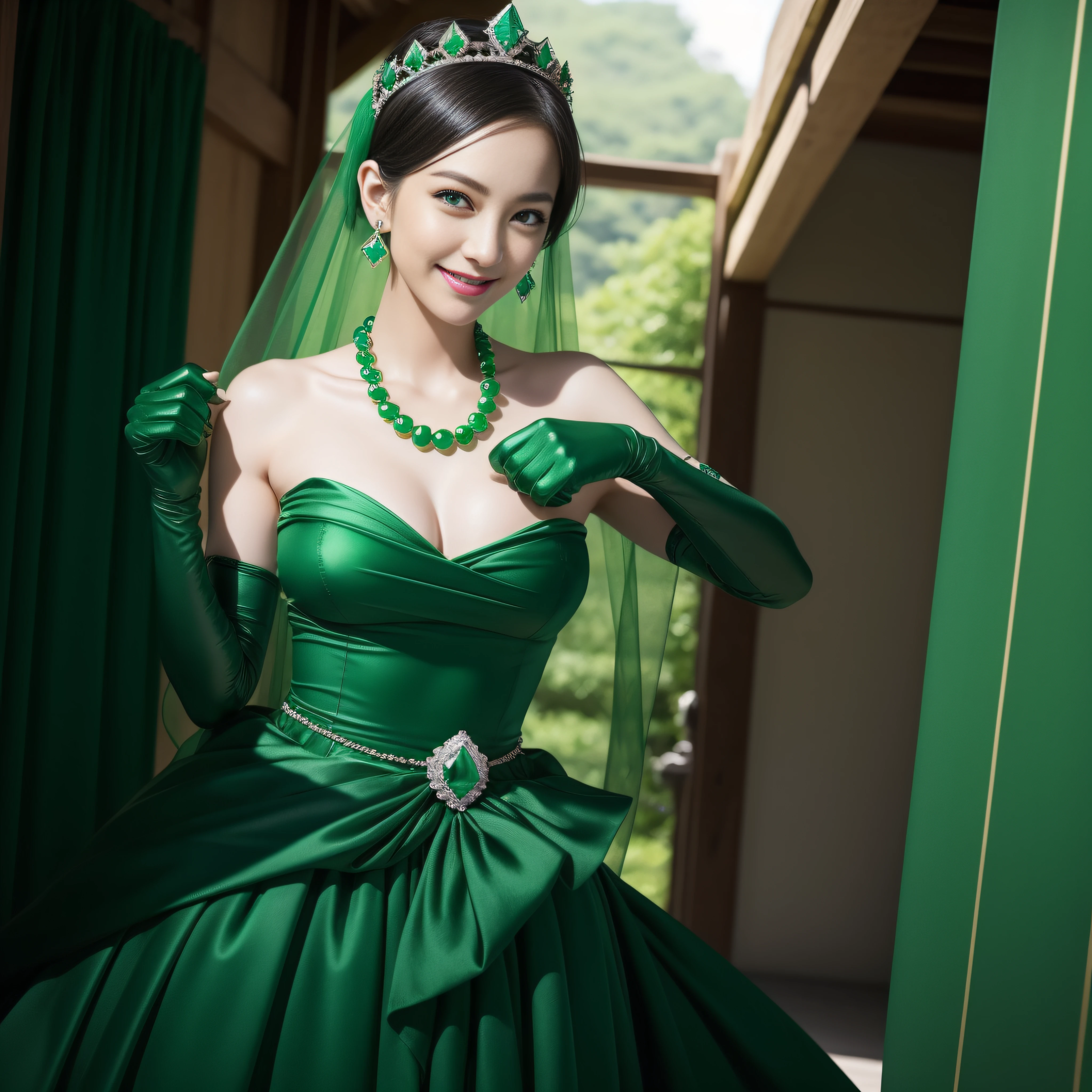 emerald tiara, Green Pearl Necklace, Boyish very short green hair, lipsticks, Japan woman smiling, very short short hair, fist, big breasts beautiful, Green eyes, Long green gloves made of satin material, Green eyes, Emerald Earrings, The tattoo