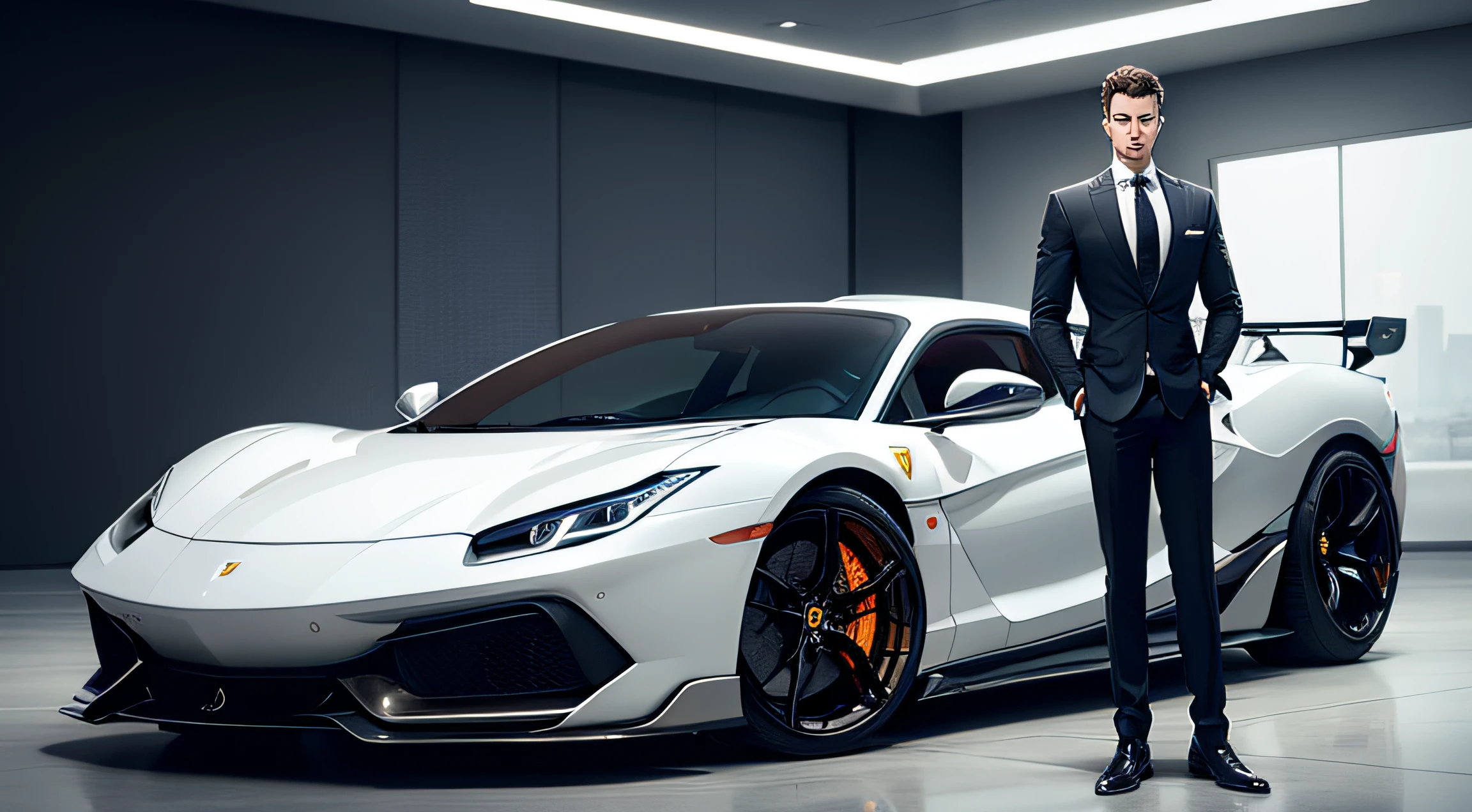 Generate a photorealistic image of a young man standing outside a luxury car dealership, looking at the cars inside at night.  The young man should be wearing a black suit and tie, with a white shirt and black shoes. He should be standing in front of a large glass window, looking at the cars inside. The cars should be brightly lit, and the dealership should be well-lit. The image should be well-composed, with the young man in the foreground and the cars in the background.  The image should be set at night, with the city skyline in the background. The dealership should be located in a busy downtown area.  The young man should be in his early 20s, with short brown hair and blue eyes. He should be smiling, and his eyes should be wide with excitement. The cars should be a variety of luxury brands, including Ferrari, Lamborghini, and Rolls-Royce. The dealership should be decorated with chrome and glass, and the cars should be polished to perfection.