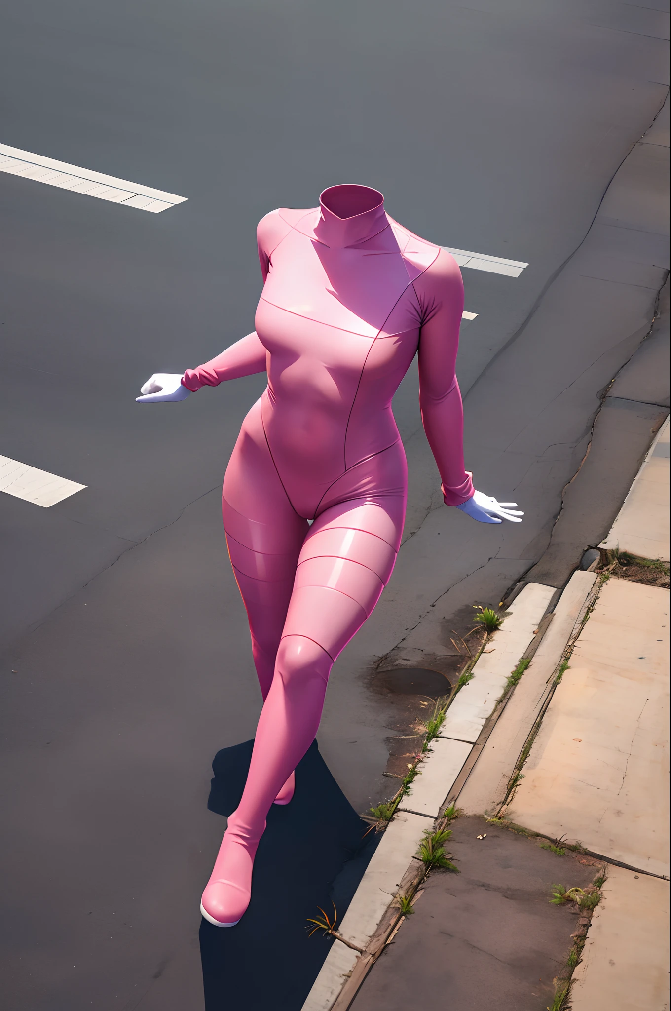 Color Photo, High quality, 4K, 1girl in, Solo, Portrait, full body, outdoor, office Street, pink bodysuit, heroine suit, white gloves