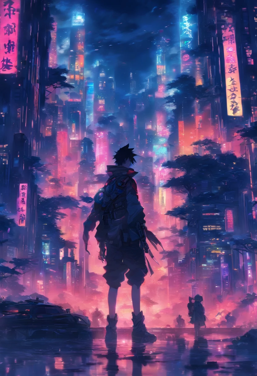 1boys,A -yeld boyberpunk boy、katana swords,vests、Bloody all over、Composition top view、The light from the back window is backlighted,The beginning of the adventure、Lots of clouds,Heavy fog、midnight,Darkness,The chaotic city of the future、Movie dystopia、A group of very tall skyscrapers stands in the center、Very complex cityscape,Crowded Chinese skyscrapers、Signs、the street lights、Fairly dim lighting、The Dark Road、Puddles、Chaotic landscape、Beautiful and fantastic scenery、cinematic scenery、high high quality、masutepiece,8K、A high resolution、Best Illustration,