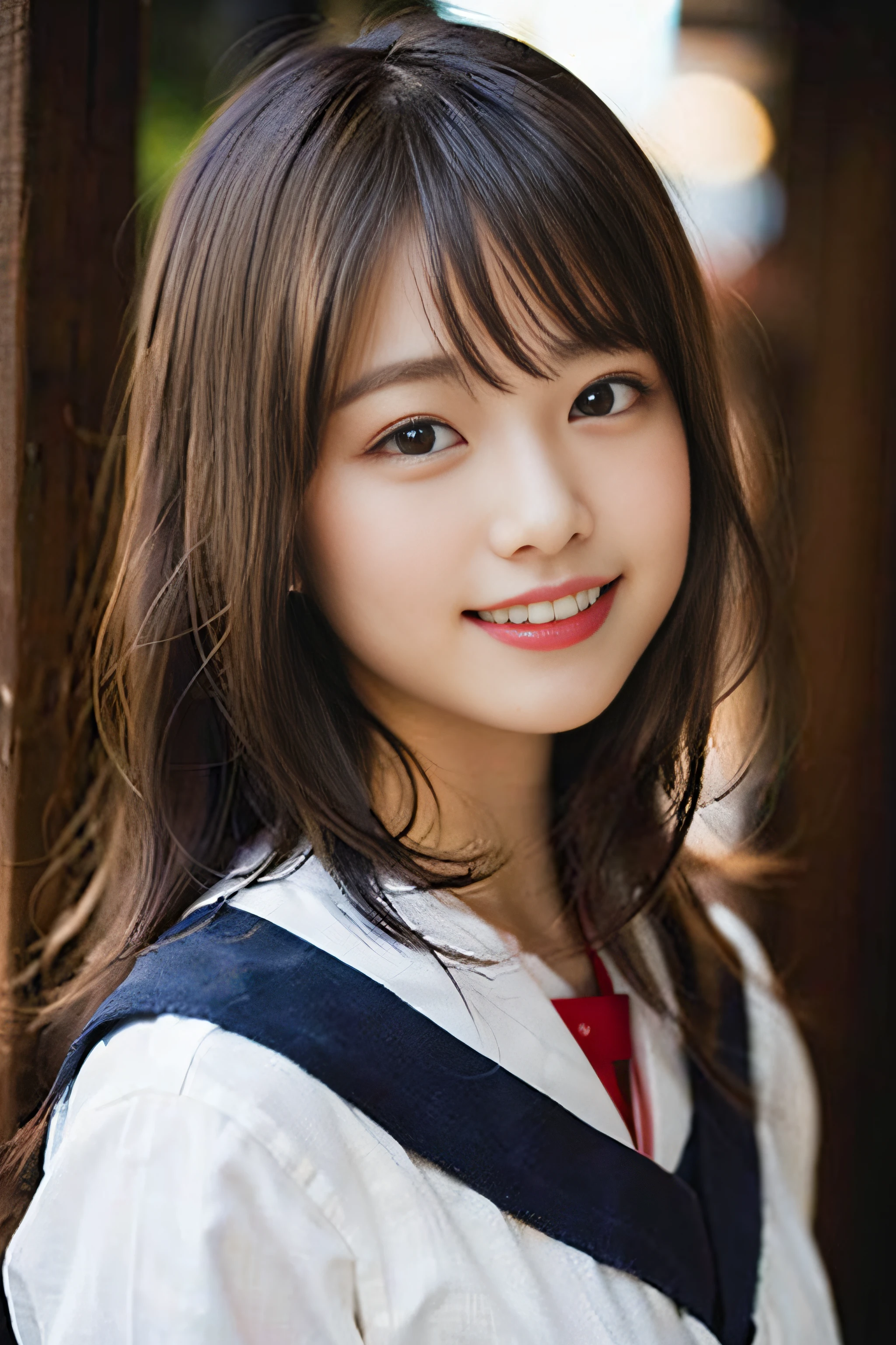 (8K、Raw photography、top-quality、masterpiece:1.2)、(realisitic、Photorealsitic:1.37)、ultra-detailliert、超A high resolution、女の子1人、see the beholder、beautifull detailed face、A smile、Constriction、(Slim waist) :1.3)、Beautiful detailed skin、Skin Texture、Floating hair、Professional Lighting、Whole human body、Longhaire、a blond、japanese hight school uniform、a sailor suit、夏天、Bob Hair、E-cup、Happy smile、sixteen years old、Red ribbons、a baby face、Ribbons in the hair、hair adornments、gargantilha