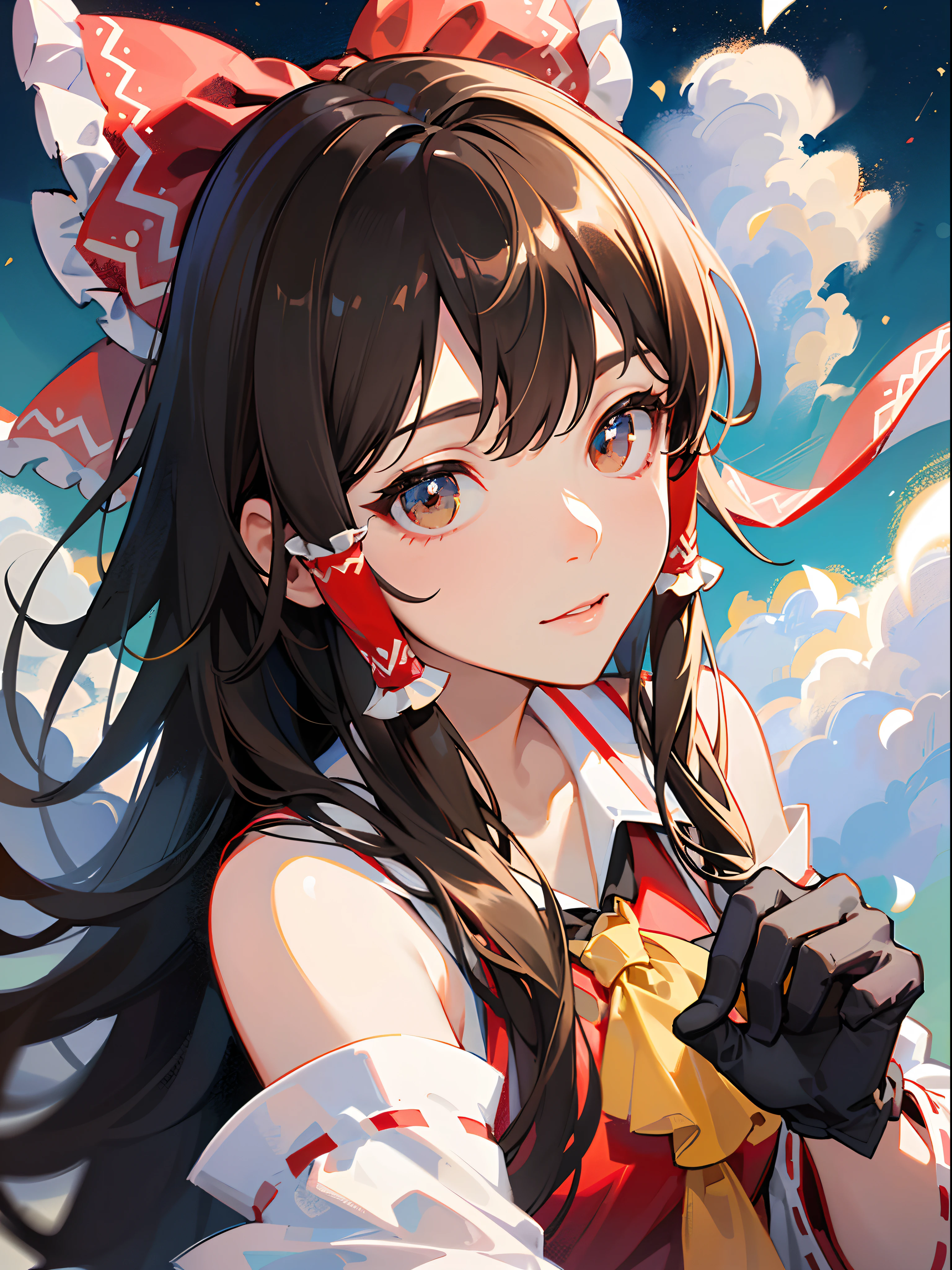 (((((long lace gloves,)))))(((hakurei reimu,)))(((expressive hair,straight hair,supple hair,brown hair,brown eyes, nontraditional miko))),((1girl:1.1,Solo,))(Masterpiece,Best quality, offcial art, Beautiful and aesthetic:1.2),((超高分辨率,)) (16k),((from above,deep field:1.3)),((((hair ribbons,hair tubes,has a big cute bow in her hair,))))((Dynamic lighting,soft lighting,natural lighting,cinematic lighting,realistic lighting,mastpiece sidelighting)),(((rich background,)))(((micro shot,))))(dawn,)(((flying on the clouds,colourful clouds, soft clouds, light particles,))),((hypersurreal)),Physically-based rendering,automatic white balance),Amazing,Sharp focus,Natural background,detailed background, (((highdetailskin,high detailed eyes,)))Intricately detailed clothing,Slender,((breeze,blooming)),(masterpiece sidelighting),(The sheen),(((Delicate fingers and hands:0.65))::0.85))),(Detail fingers,perfect fingers,finely fingers,correct fingers),(((Superior photographic quality))),((unbelievable Ridiculous,))((extremely_Detailed_Eyes_and_face)),(Dynamic configuration: 1.2),Brilliant,Striking contrast,High saturation,Sony F and 24-105mm f / Use a Sony Alpha 4 mirrorless camera with 1G OSS lenses, reflector, (hyper realisitic:1.4),anatomically correct, textured skin, high details, high quality, super detail, award winning, highres,