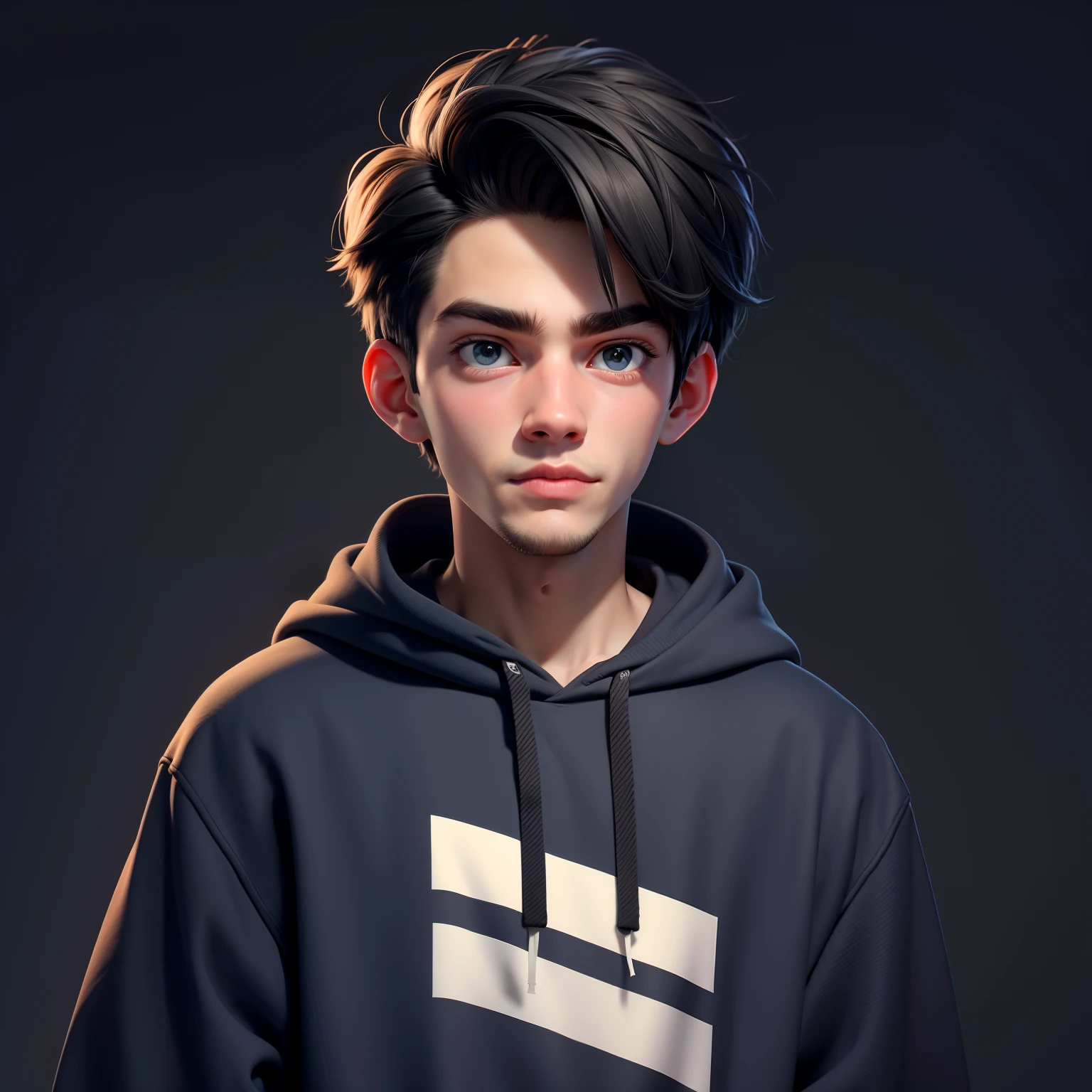 Masterpiece: 1.5), (Best Quality: 1.5), High Resolution, Highly Detailed, 3DMM, A Boy, Soloist, Hoodie, Leader, Serious , Dark Gray Background