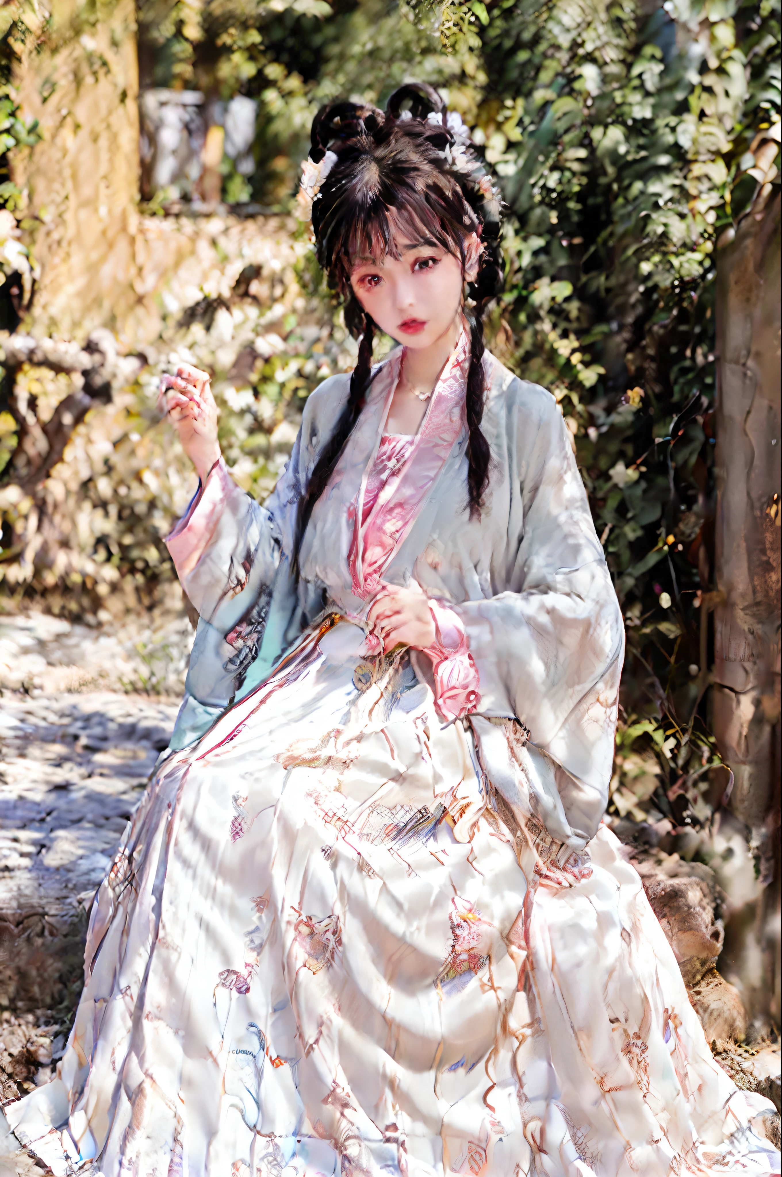 Masterpiece, black_hair, 1 girl, looking at the audience, long_hair, nail_polish, solo, ancient art, Chinese, (8k, best quality, masterpiece: 1.2), (realistic, realistic:1.2), (background sky: 1.2), (bust photo: 1.7), looking at the audience, hanfu, 1girl, (purple flower pine ink: 1.1), face close-up, detailed face, hanfu, tang system, chest-length skirt, pleated skirt,cinematic lighting, motion blur, ray tracing, god rays, bloom, drop shadow, close-up, lens flare, UHD, masterpiece, ccurate, anatomically correct, textured skin, super detail, high details, high quality, award winning, best quality, highres, 16k, HD, accurate, correct hand, (anatomically correct: 1.5),
