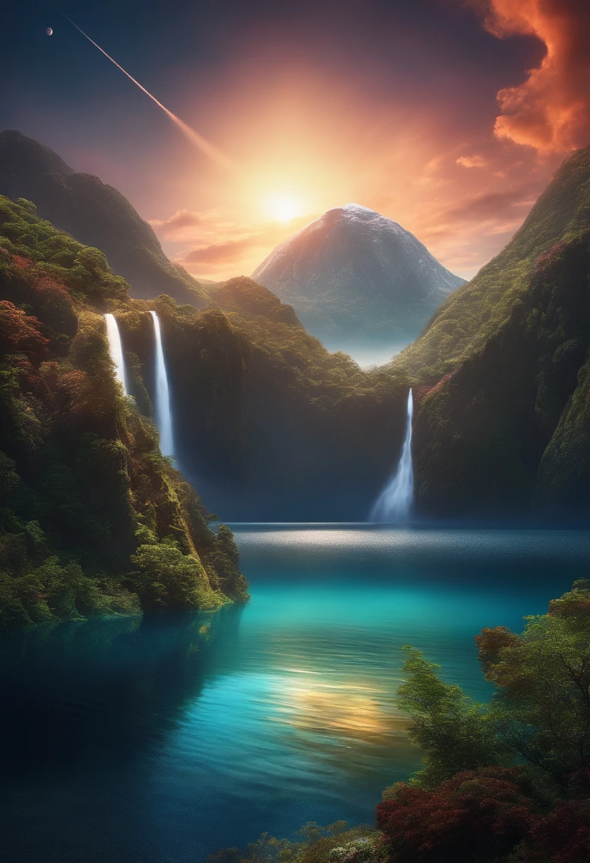 Somewhere in space. A mountain surrounded by the ocean. a water planet of mysteries floating above the mountain. light and colorful. everything is cosmic. 3D.