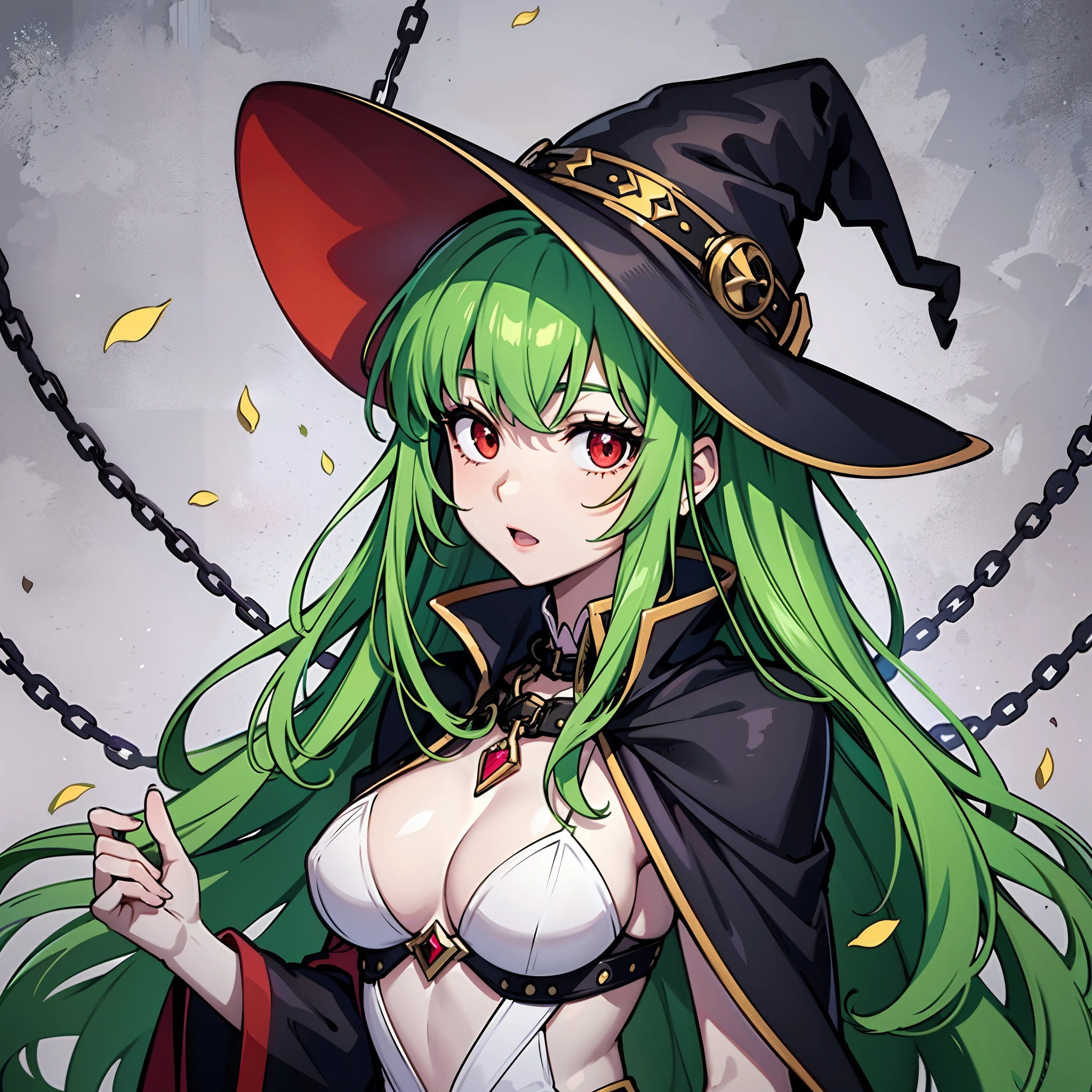 upper body, 1woman, green hair, Long Haired, red eyes, ((witch)), black cape, big breats, wallpaper, chain background, leaf particles, ((masterpiece)), ((best quality)), ((Top Quality)), pale white skin, solo,