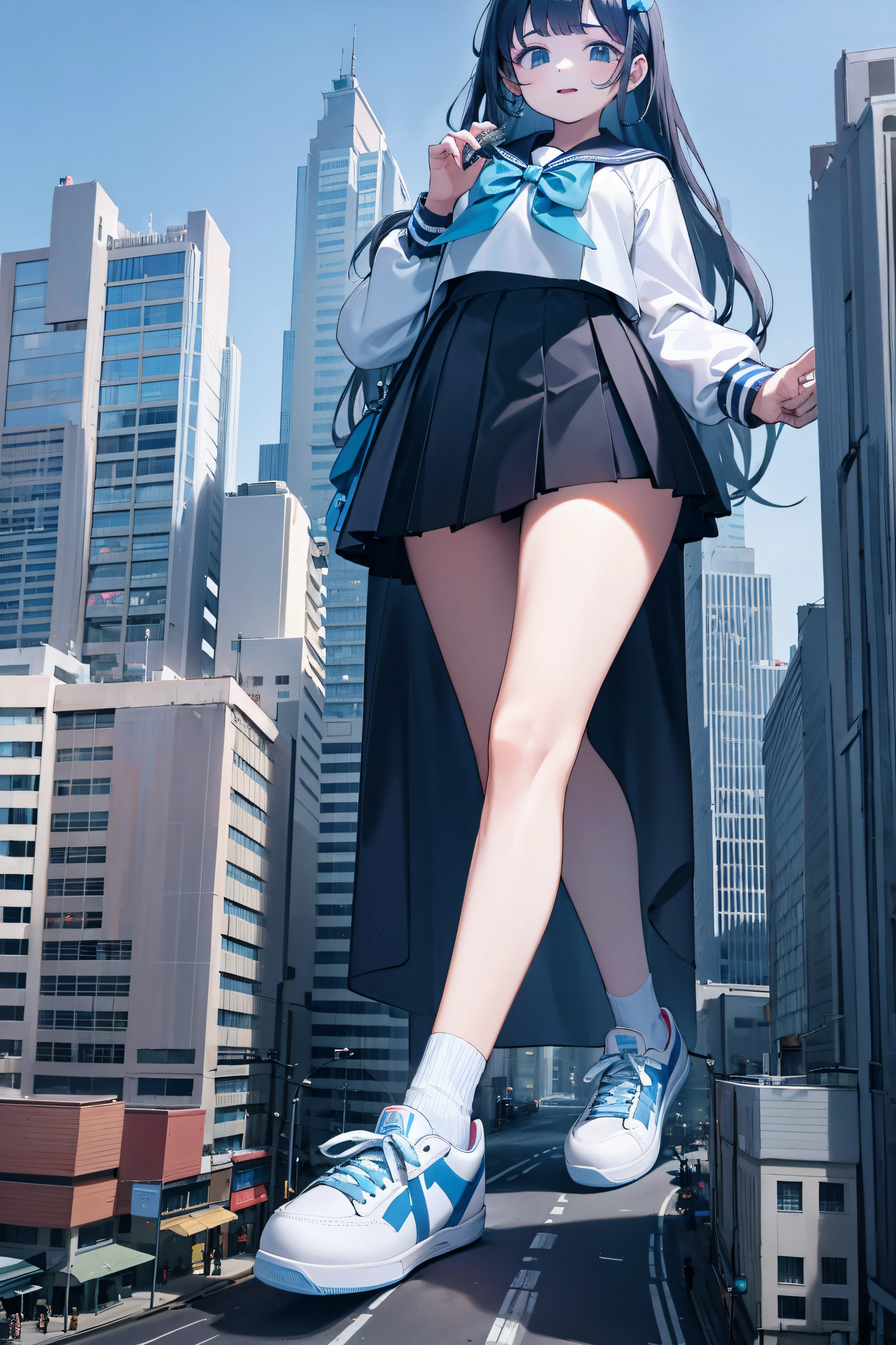 Huge teenage girl in sneakers，A girl taller than a building，a sailor suit，short  skirt