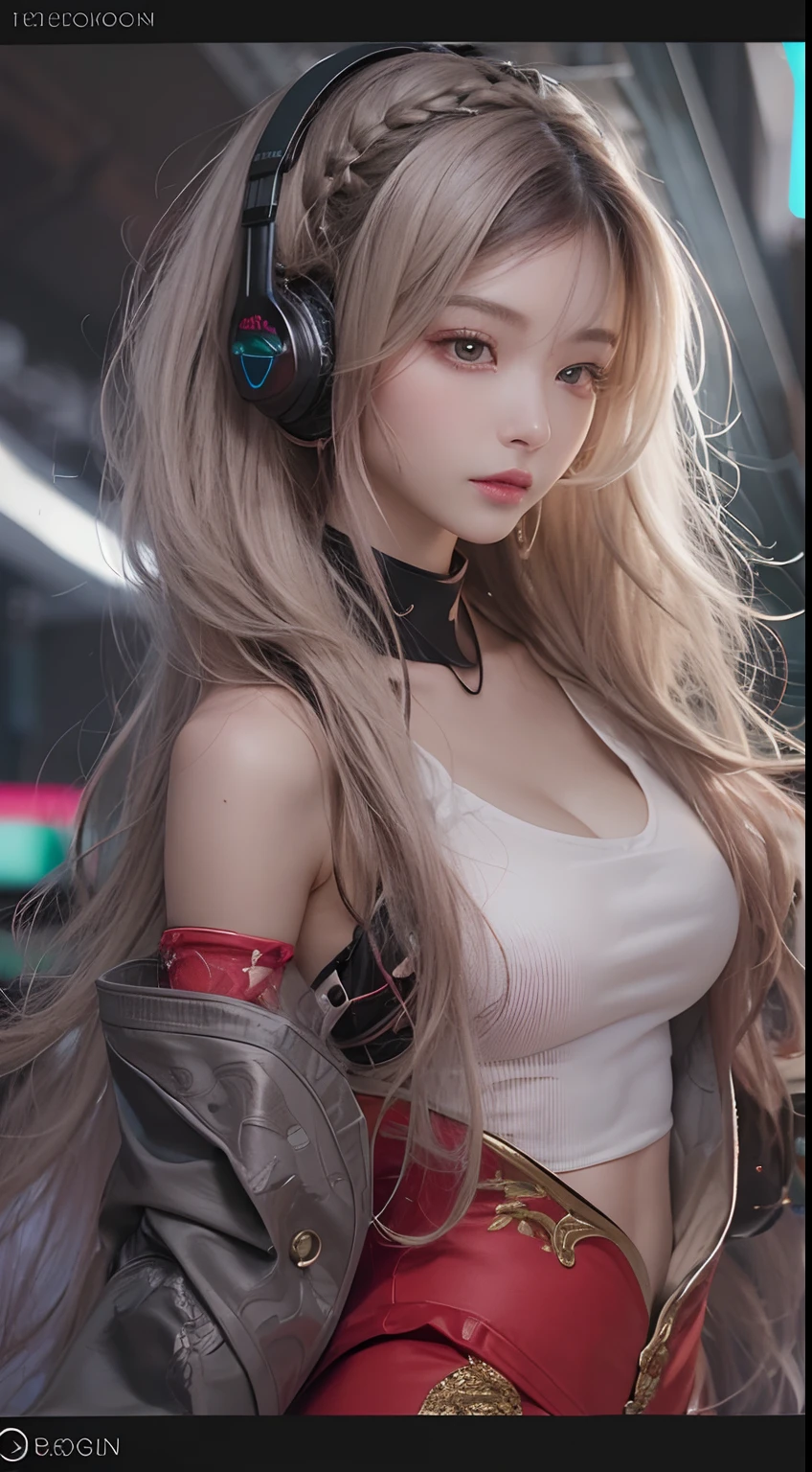 (super flat, flat shading, flat color:1.1)、(1 girl)、soro、(glamorous:1.3)、very beautiful 20 year old cartoon girl、(high detail skin: 1.2)、Photorealistic anime girl rendering、Realistic anime 3D style、beautiful platinum blonde hair、long hair、crossed bangs、asymmetrical bangs、stick out ears、eyelashes、red eyes、(orgasm face:1.2)、Attractive、(natural and very big breasts)、(perfect anatomy:1.3)、((black jacket、Wearing red fancy underwear and detailed panties、supple and thin fabric、black mini skirt、metal accessories、))、decorative choker、hands behind the back、(sophisticated headphones)、Body shiny with oil、(detailed bra、black hort boots)、(lewd girl:1.3)、A big city where you can see the sunset at 6 p.m.、red sunset clouds、it&#39;s raining、my body gets wet from the rain、Decadent and futuristic urban area in the evening、(cyber punk)、(futuristic car、flashing red light)、volume lighting、soft light、bright、Bright colors、watercolor painting、