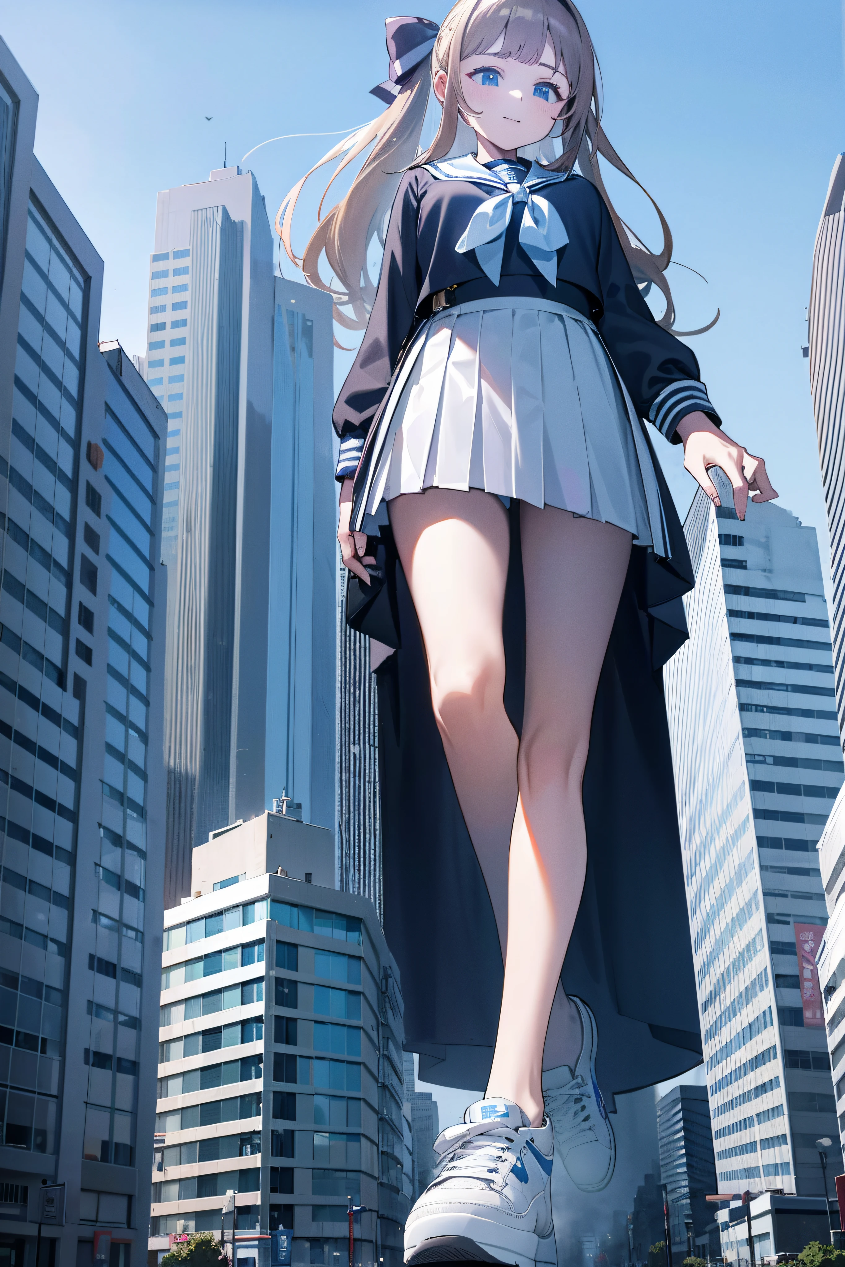 Huge maiden in sneakers，A girl taller than a building，a sailor suit，short  skirt