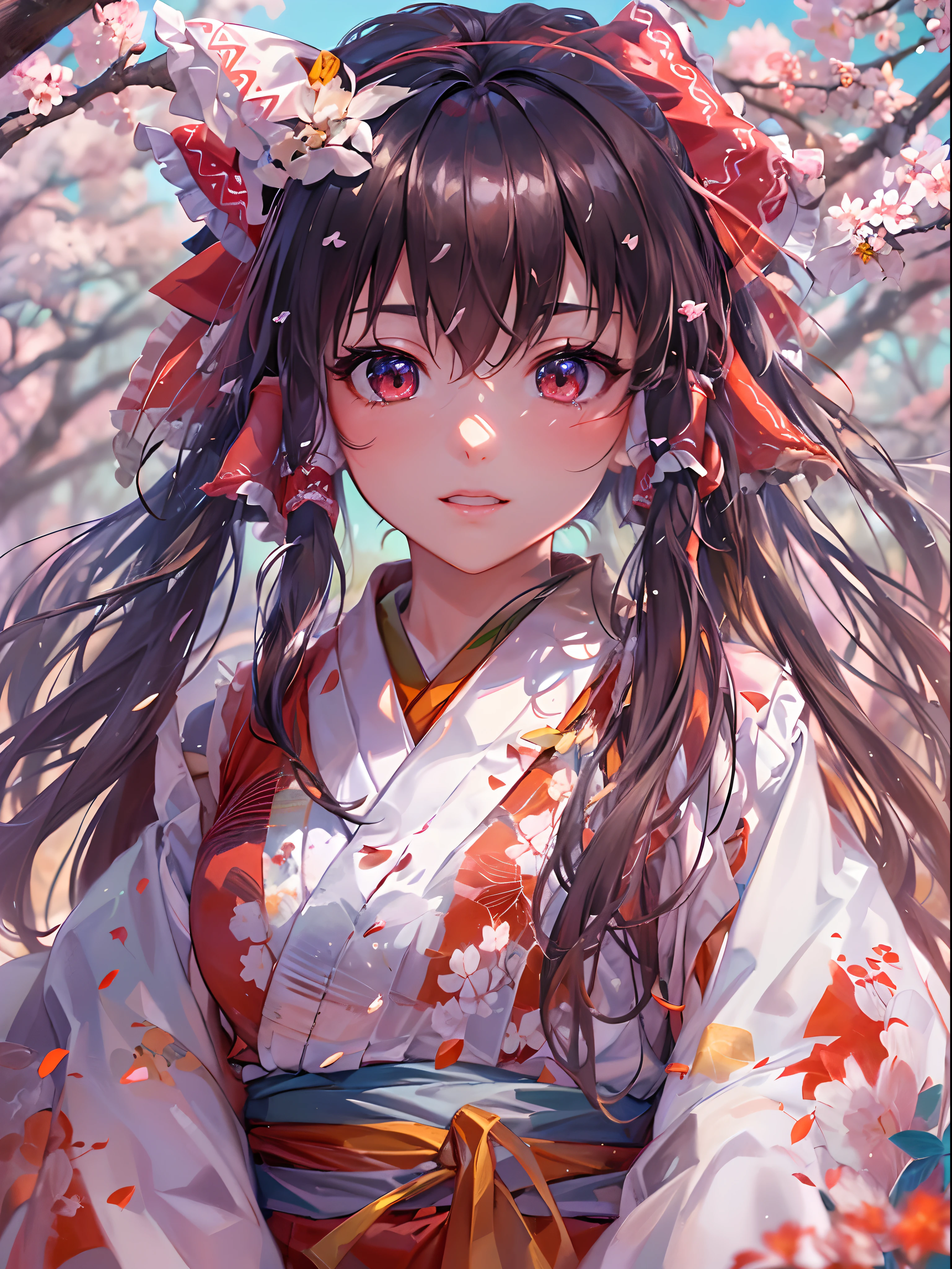 (((hakurei reimu,)))anime art,shukezouma, octane render, hdr, (hyperdetailed:1.15), (soft light, sharp:1.2), 1girl, beautiful girl, ultra detailed eyes, mature, plump, thick, rainbow painting drops,splat, splash,ultra detailed texture kimono, (hair ornaments, earrings), outdoors, sakura trees