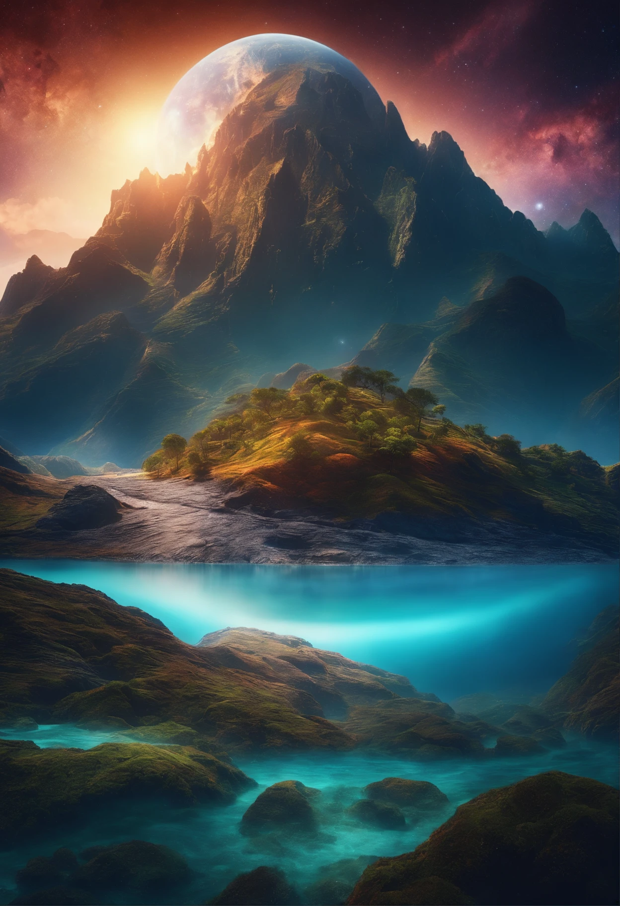 Somewhere in space. A mountain surrounded by the ocean. a water planet of mysteries floating above the mountain. light and colorful. everything is cosmic. 3D.