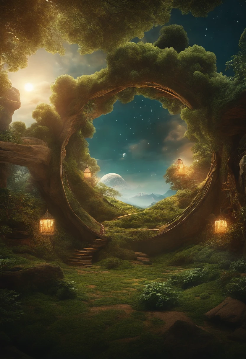 Em um surreal, fantastic world, homen deslumbrante com cabelos ondulados extra longos possui olhos que parecem guardar os segredos do universo. He is in the midst of floating islands in the sky. The atmosphere is otherworldly, com um senso de magia e maravilha. This prompt runs in a highly detailed digital art style, combinando realismo com elementos de fantasia, Usando uma lente grande angular (24 mm) para capturar a grandiosidade da cena, olhando para o viewer