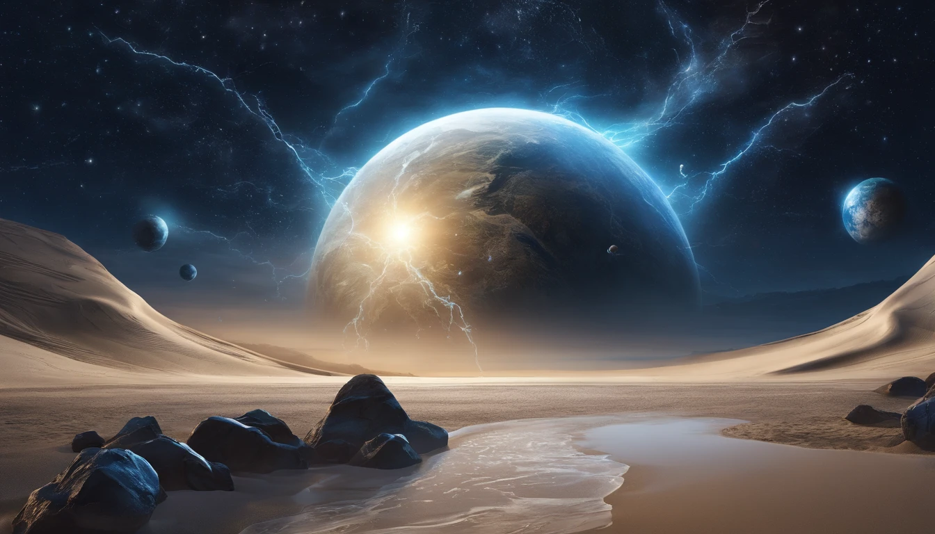 huge planet, the night, starrysky, surrealism, masutepiece, hight resolution、Impressive Milky Way:1.9、sand beach、Blue Sea、glacia、lightning bolt:1.9