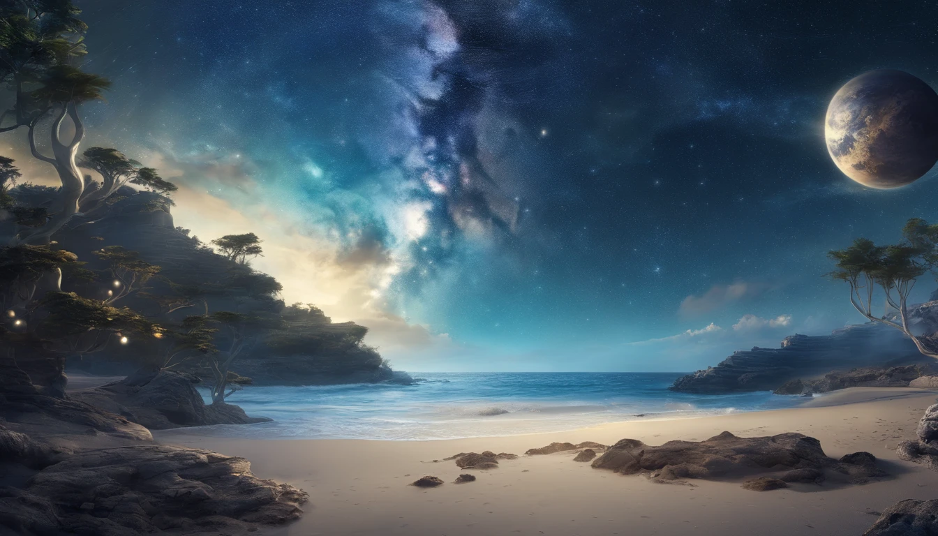 huge planet, the night, starrysky, surrealism, masutepiece, hight resolution、Impressive Milky Way:1.9、sand beach、Blue Sea、glacia、lightning bolt:1.9