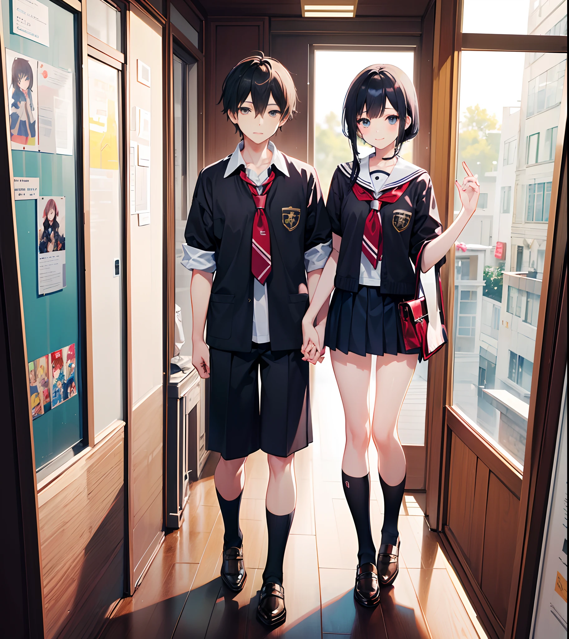 (there is a woman and a boy Stand standing side by side :2,0), a picture by Shingei, pixiv, shin hanga, hi - res scan, hi-res scan, at pixiv, in manhwa style,Hugging his girlfriend, sweet couple, official art, made with anime painter studio, in an anime style, 8k!!,(elite junior high school uniform a girl with mini skirt),(anime style),(Same uniform),(a young girl with a young boy),(sweet face),( couple),(cute face),(smiley face),(full body shot),(loli and shota),(child couplschool uniform),(junior high school student)