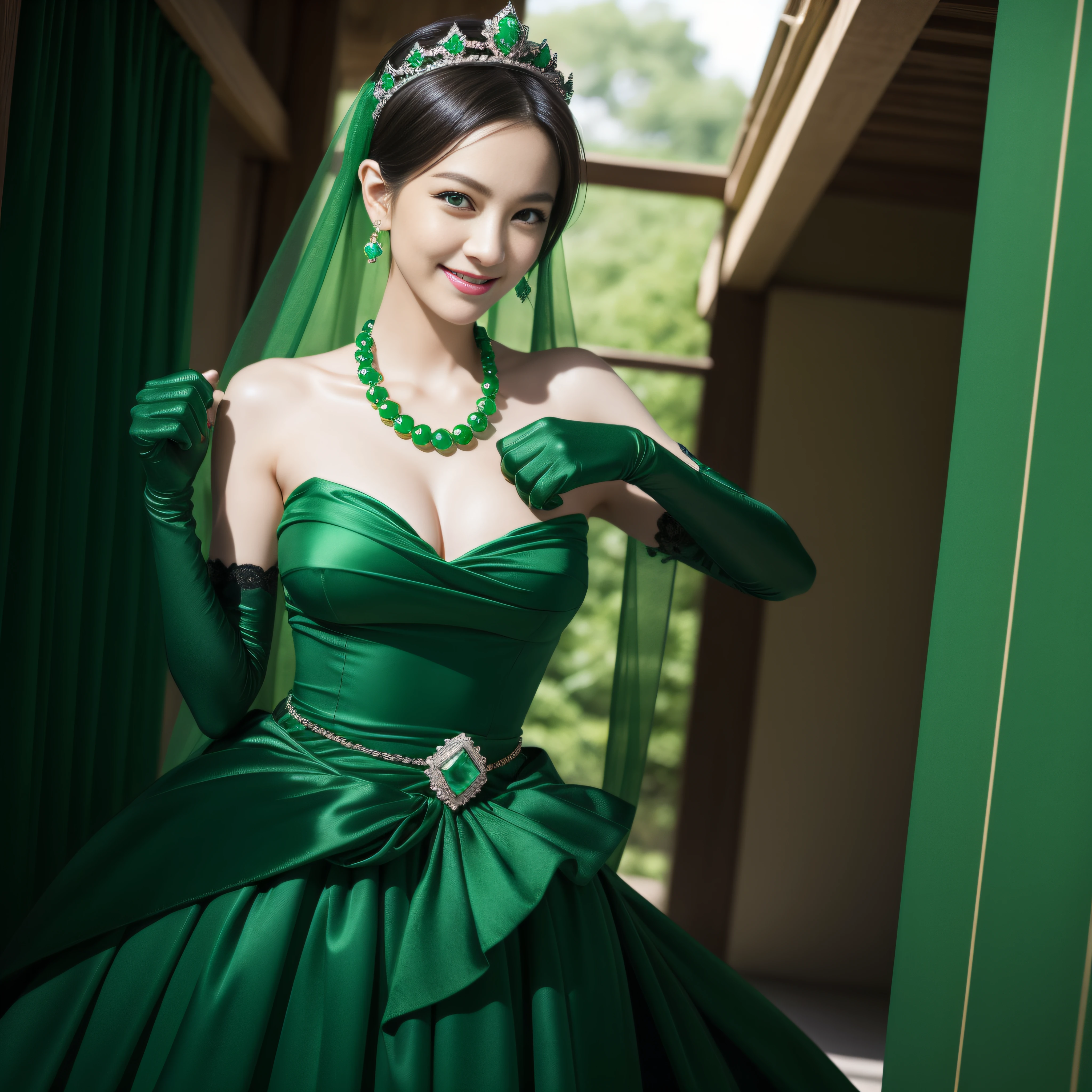 emerald tiara, Green Pearl Necklace, Boyish very short green hair, lipsticks, Japan woman smiling, very short short hair, fist, big breasts beautiful, Green eyes, Long green gloves made of satin material, Green eyes, Emerald Earrings, The tattoo