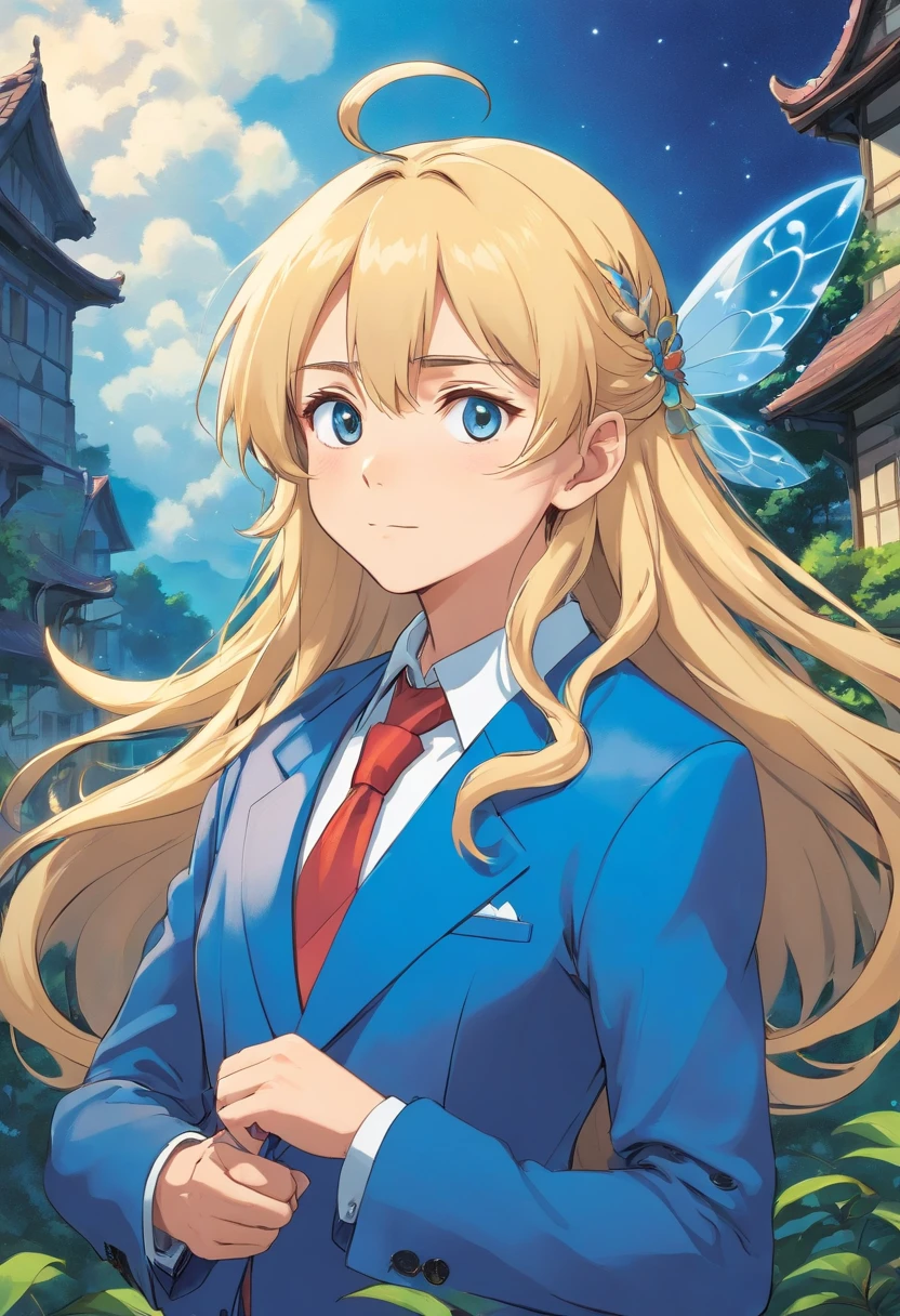 fairy in a blue suit and long, blond hair with a blond beard