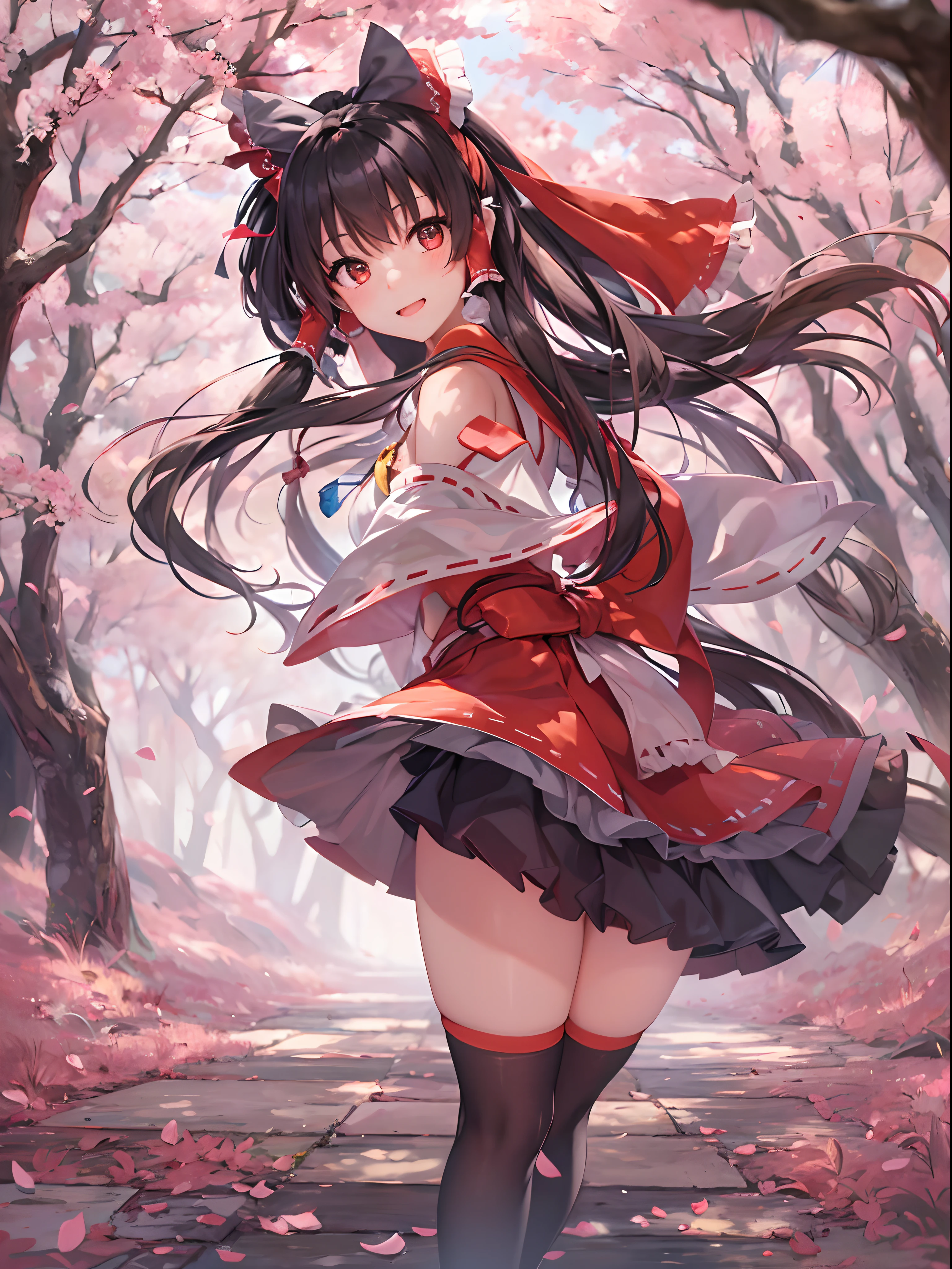 best quality,masterpiece,1girl,hakurei reimu,sakura trees,miko, high ponytail, big bow, chest wrap, Heiso, long sideburns, exposed armpits, detached sleeves, short socks,innocent,  bangs, broomstick, navel dress, long black hair, Mary Jane shoes, socks and no shoes, talisman, fake smile girl,detailed texture,cloths,arms behind back