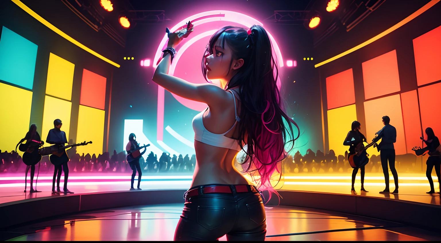 people dance in nightclub, UHD, ultra rendered, high detail, neon, perfectly rendered, fun, hyped up, hidden bar, full detail, glass, wall, with sticker and sign, colorfull, realistic, photography, dance, dance floor