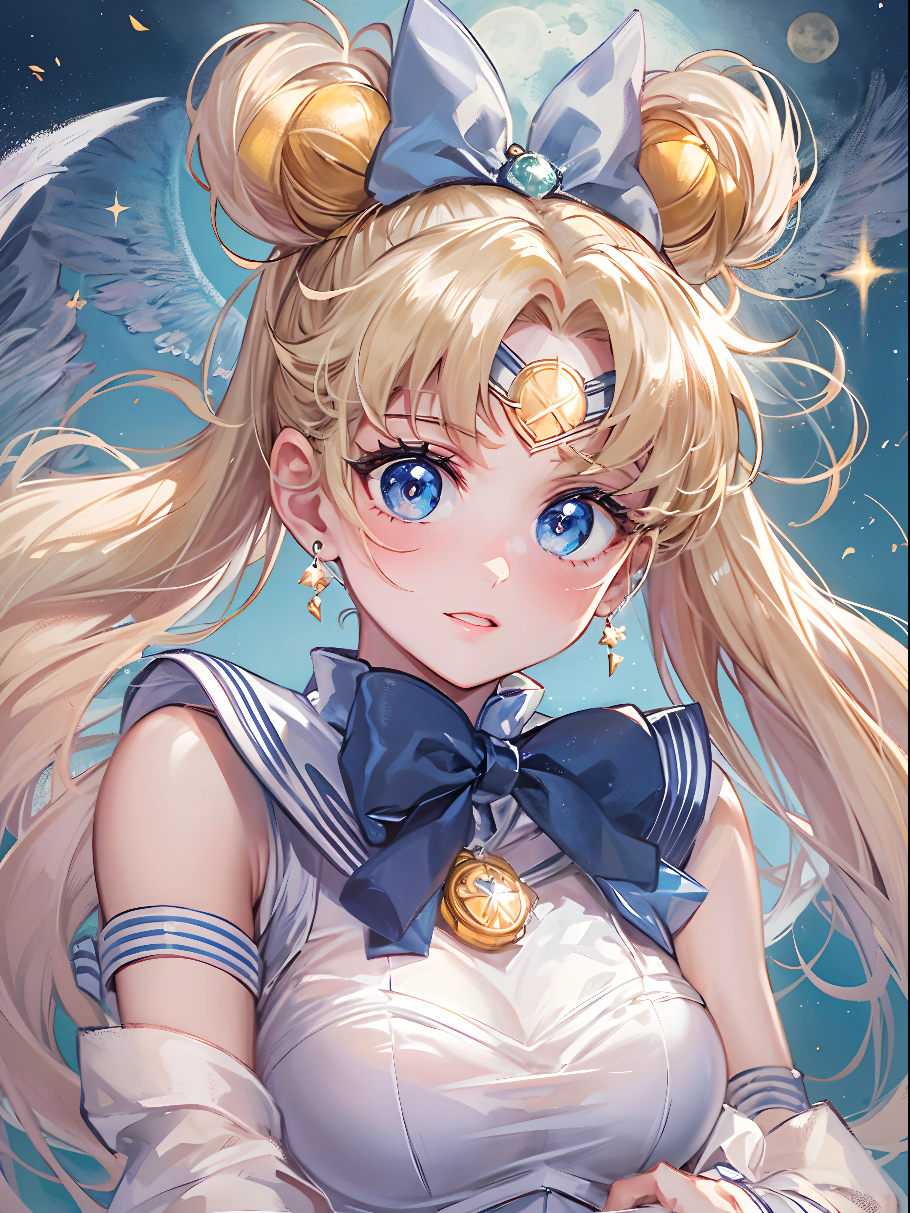 Draw Sailor Moon in her signature sailor suit, including the golden tiara, the red bow on the chest and the blue skirt. Make sure to include her long blonde hair in two pigtails with crescent moon decorations. The pose must be dynamic, as if in the middle of a magical transformation, with light effects and flashes around. The background can be a starry sky or a nighttime urban scene..
