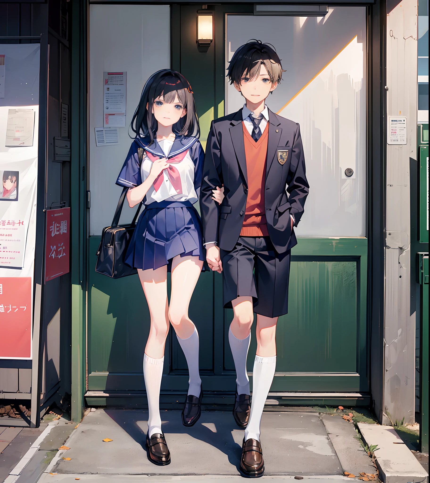 (there is a woman and a boy Stand standing side by side :2,0), a picture by Shingei, pixiv, shin hanga, hi - res scan, hi-res scan, at pixiv, in manhwa style,Hugging his girlfriend, sweet couple, official art, made with anime painter studio, in an anime style, 8k!!,(Thailand junior high school uniform a girl with mini skirt),(anime style),(Same uniform),(a young girl with a young boy),(sweet face),(13 year old couple),(cute face),(smiley face),(full body shot),(loli and shota),(child couple in school uniform),(junior high school student)