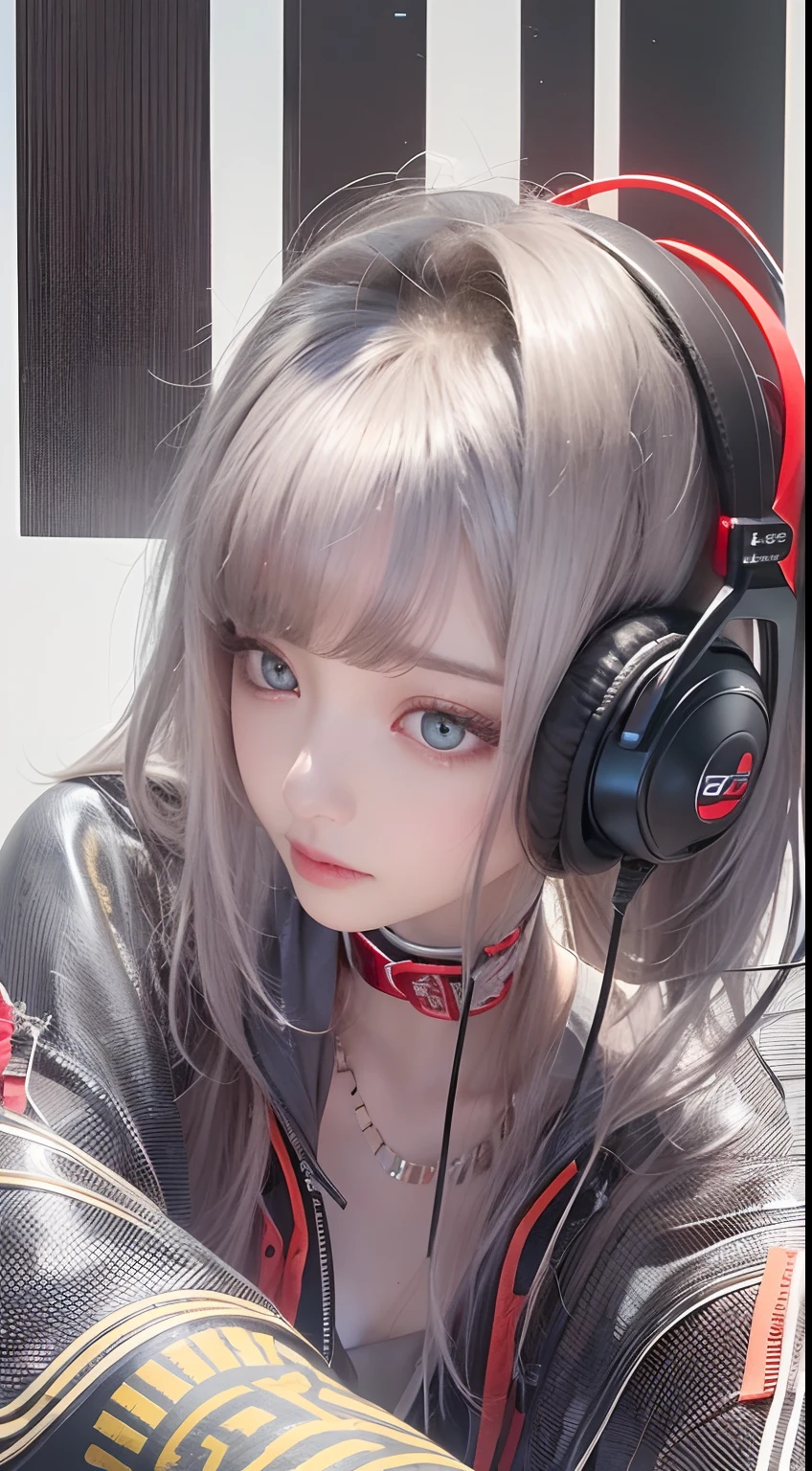 masterpiece, 1 beautiful girl, Detailed eye, Swollen eyes, top-quality, 超A high resolution, (reality: 1.4), 电影灯光, japanes, a asian beauty, very extremely beautiful, Beautiful skins, A slender, Forward-facing body, (A hyper-realistic), (hight resolution), (8K), (ighly detailed), ( Best Illustration), (beautifully detailed eyes), (ultra-detailliert), 详细的脸, Bright lighting, Professional Lighting、The background is a cyberpunk room with a large number of monitors.、The cord is connected from the costume、Hair color is red、headset on head、small tattoo on face、Female Game Commentator