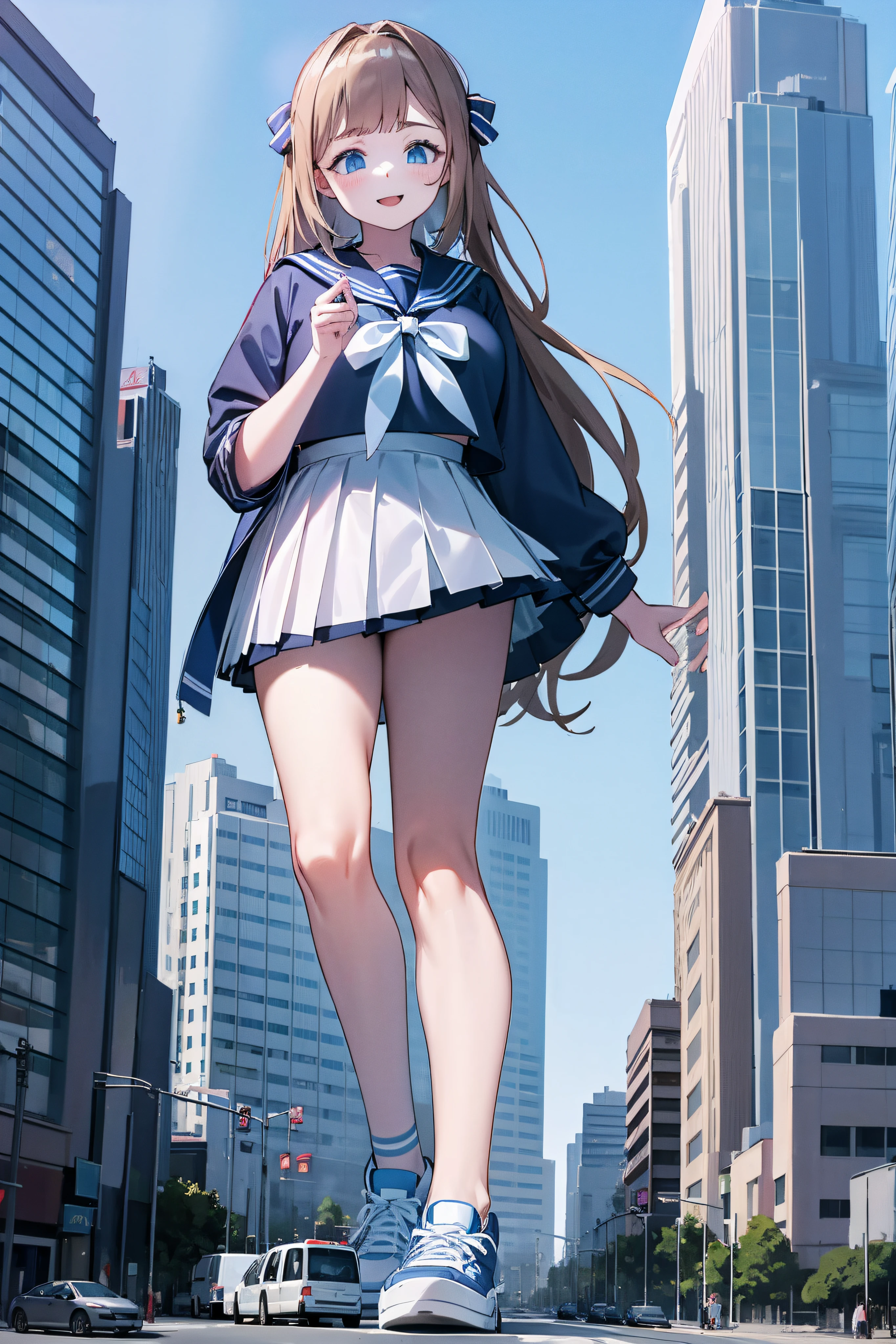 Huge maiden in sneakers，A girl taller than a building，a sailor suit，short  skirt